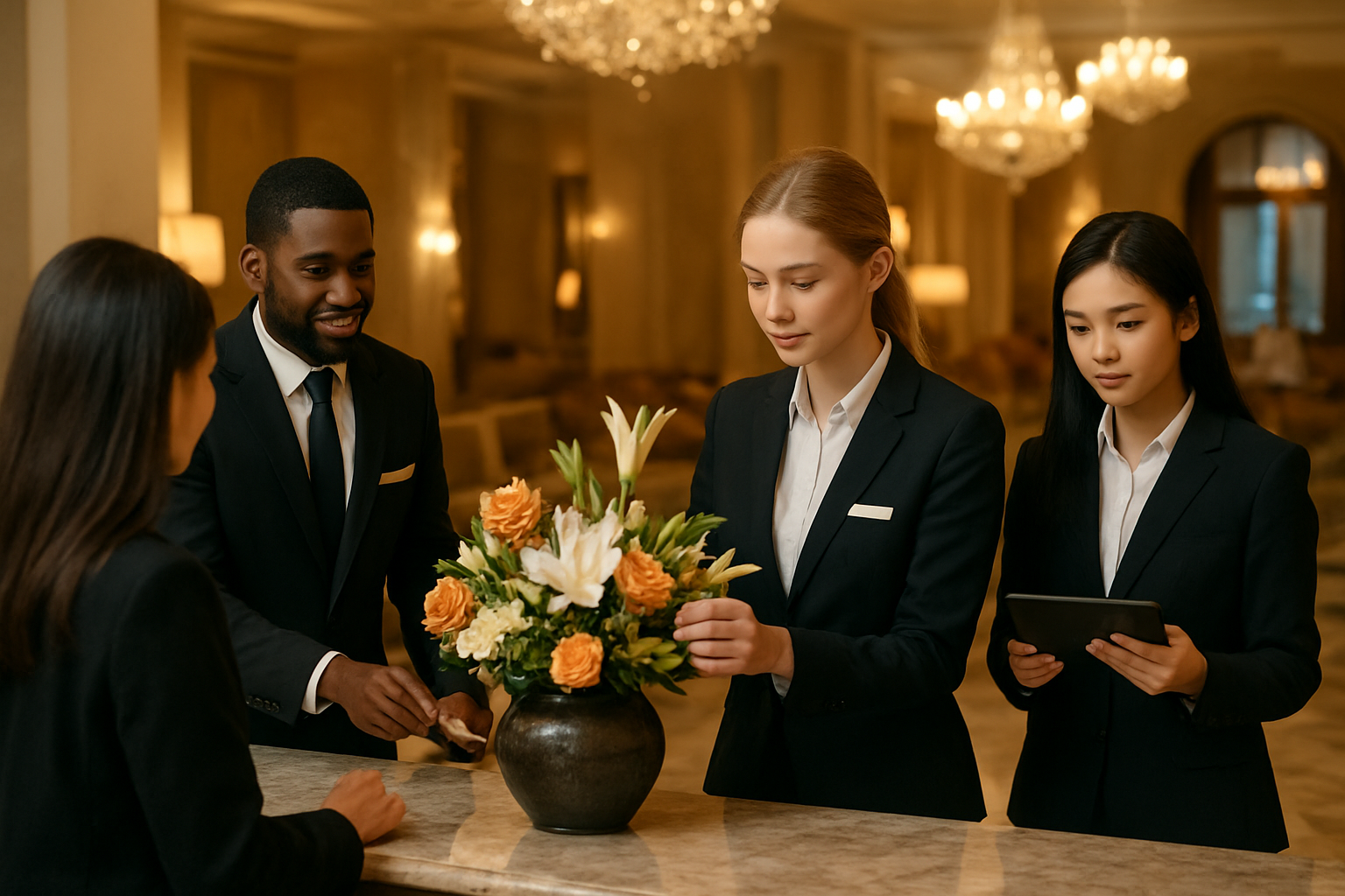 Create a realistic image of a diverse group of hotel management students including a white female, black male, and Asian female wearing professional attire engaged in hands-on training activities in an upscale hotel lobby, with one student checking in a guest at the reception desk while another arranges fresh flowers in an elegant vase and a third reviews guest services on a tablet, featuring marble floors, crystal chandeliers, plush seating areas, and warm ambient lighting that creates a professional learning atmosphere. Absolutely NO text should be in the scene.