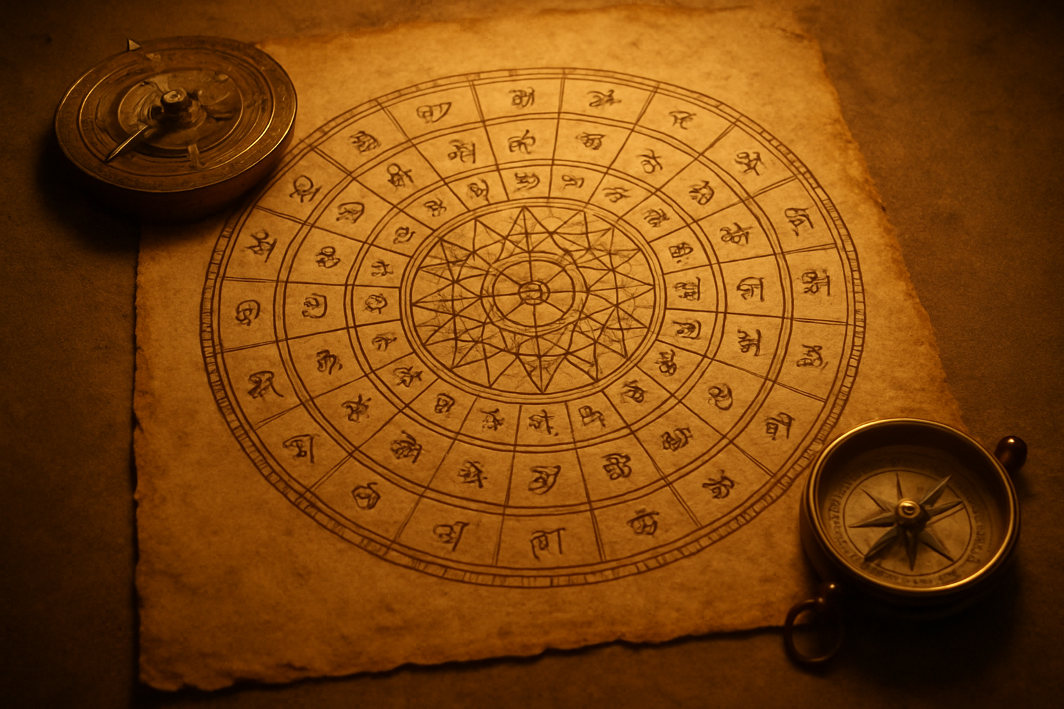 Create a realistic image of an ancient Sanskrit astrological chart or wheel diagram drawn on aged parchment paper, featuring intricate geometric patterns with Sanskrit symbols and numbers arranged in a circular grid format, surrounded by traditional Indian astronomical instruments like a brass astrolabe and compass, with warm golden lighting casting soft shadows on the weathered paper surface, depicting the mystical and scholarly nature of Vedic astrology. Absolutely NO text should be in the scene.