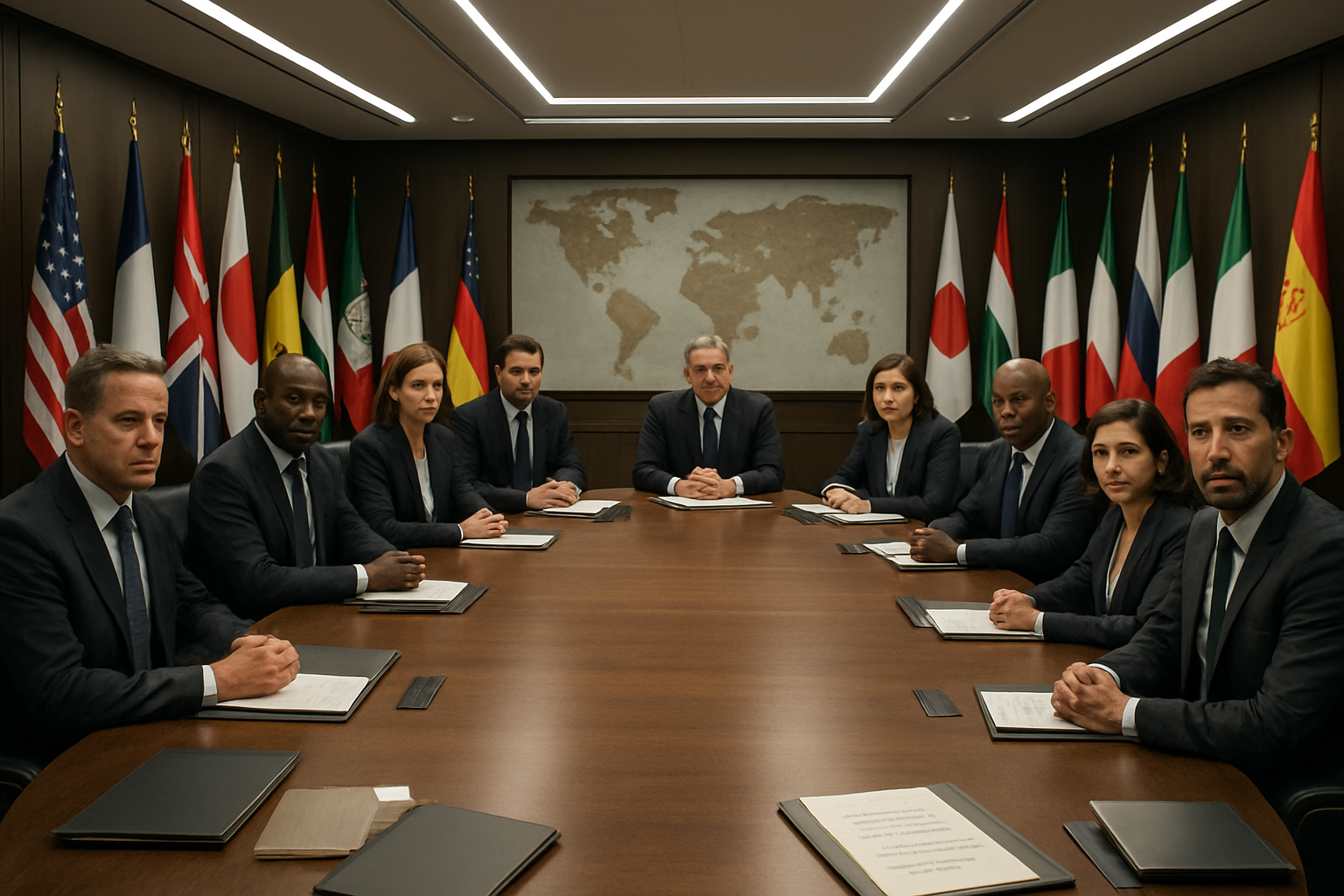 Create a realistic image of multiple world leaders and diplomats of diverse races including white, black, and Middle Eastern males and females sitting around a large oval conference table in an elegant international meeting room, with national flags from various countries displayed along the walls, emergency session atmosphere with serious expressions on faces, modern LED lighting illuminating the formal setting, documents and laptops scattered on the polished wooden table surface, and a large world map visible in the background, absolutely NO text should be in the scene.