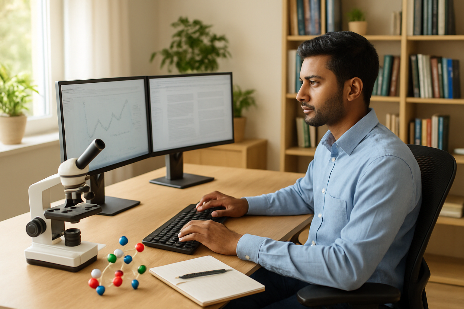 Create a realistic image of a modern home office setup with a young Indian male professional working on a dual monitor computer setup, featuring a clean desk with scientific equipment like a microscope and molecular model, ergonomic chair, natural lighting from a window, plants in the background, organized shelves with science books, a cup of coffee, and productivity tools like a planner and smartphone, capturing a focused and efficient remote work environment for life sciences professional, warm and bright atmosphere, absolutely NO text should be in the scene.