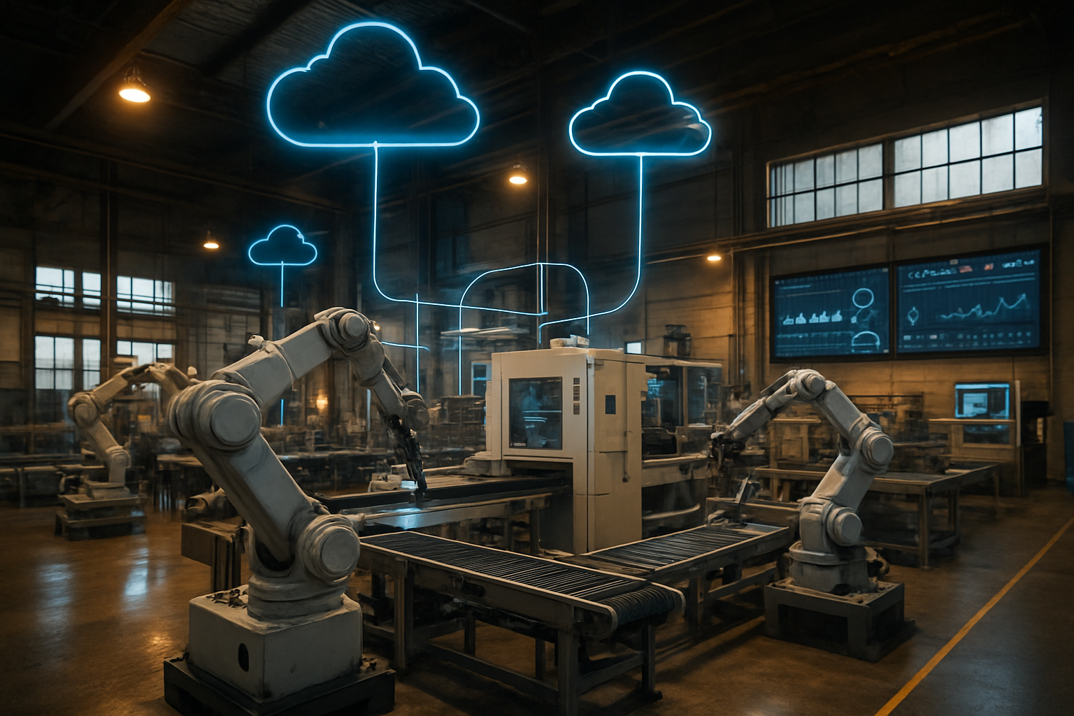 Create a realistic image of a modern industrial factory floor with advanced IoT-connected manufacturing equipment including robotic arms, conveyor belts, and sensor-equipped machinery, all subtly connected by glowing blue data connection lines flowing upward toward cloud symbols in the upper portion of the scene, with digital dashboard displays showing analytics graphs and real-time monitoring data on wall-mounted screens, featuring warm industrial lighting with a mix of natural light from large windows and LED work lights, creating a high-tech atmosphere that demonstrates successful digital transformation and data connectivity, with a clean, organized production environment showcasing the integration of traditional manufacturing with cloud-based IoT technology, absolutely NO text should be in the scene.