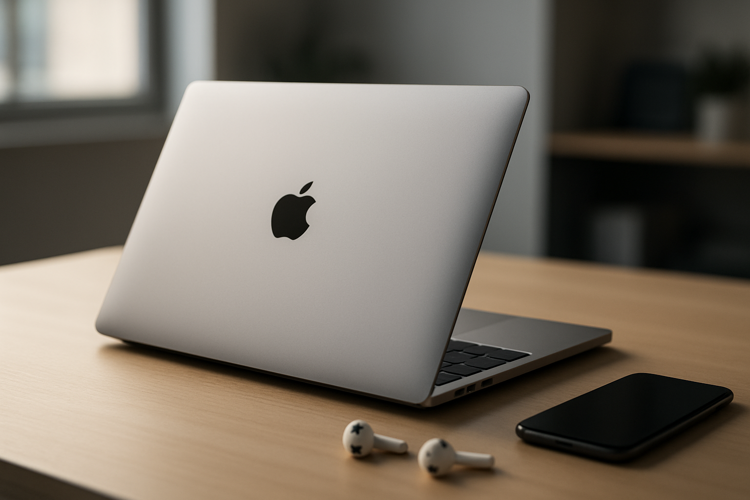 Create a realistic image of a sleek silver MacBook Pro positioned at a 45-degree angle on a modern minimalist desk with soft natural lighting from a nearby window, showing the open laptop with its premium aluminum finish and Apple logo clearly visible, surrounded by subtle tech accessories like wireless earbuds and a smartphone, set against a clean contemporary workspace with blurred background elements suggesting a professional environment, conveying innovation and premium quality with warm ambient lighting that highlights the laptop's elegant design and craftsmanship, absolutely NO text should be in the scene.