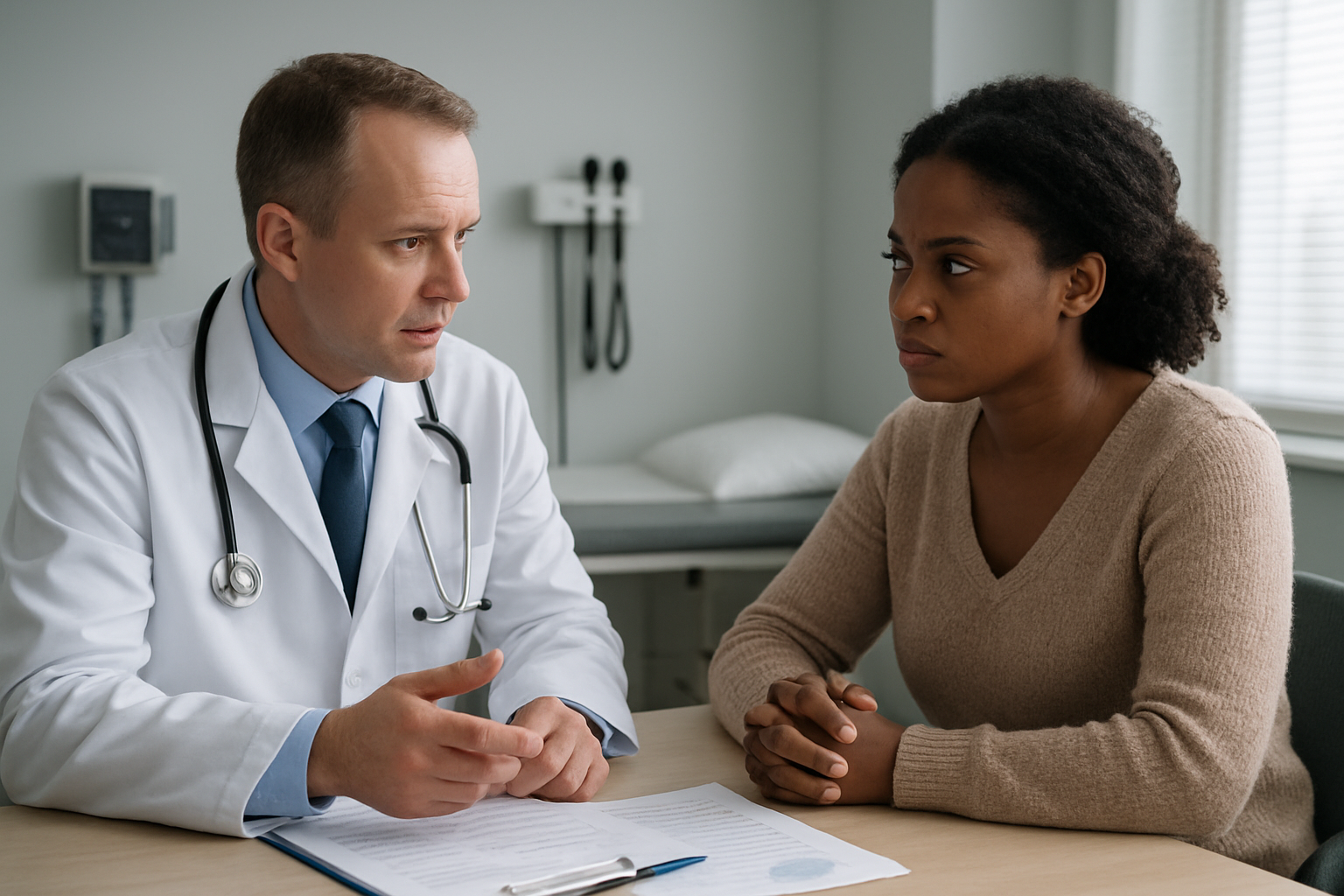 Create a realistic image of a medical consultation room with a white male doctor in a white coat sitting across from a black female patient, discussing treatment options with serious expressions, medical charts and safety documentation visible on the desk between them, sterile clinical environment with medical equipment in the background, soft natural lighting from a window, conveying a sense of careful medical evaluation and informed decision-making, absolutely NO text should be in the scene.