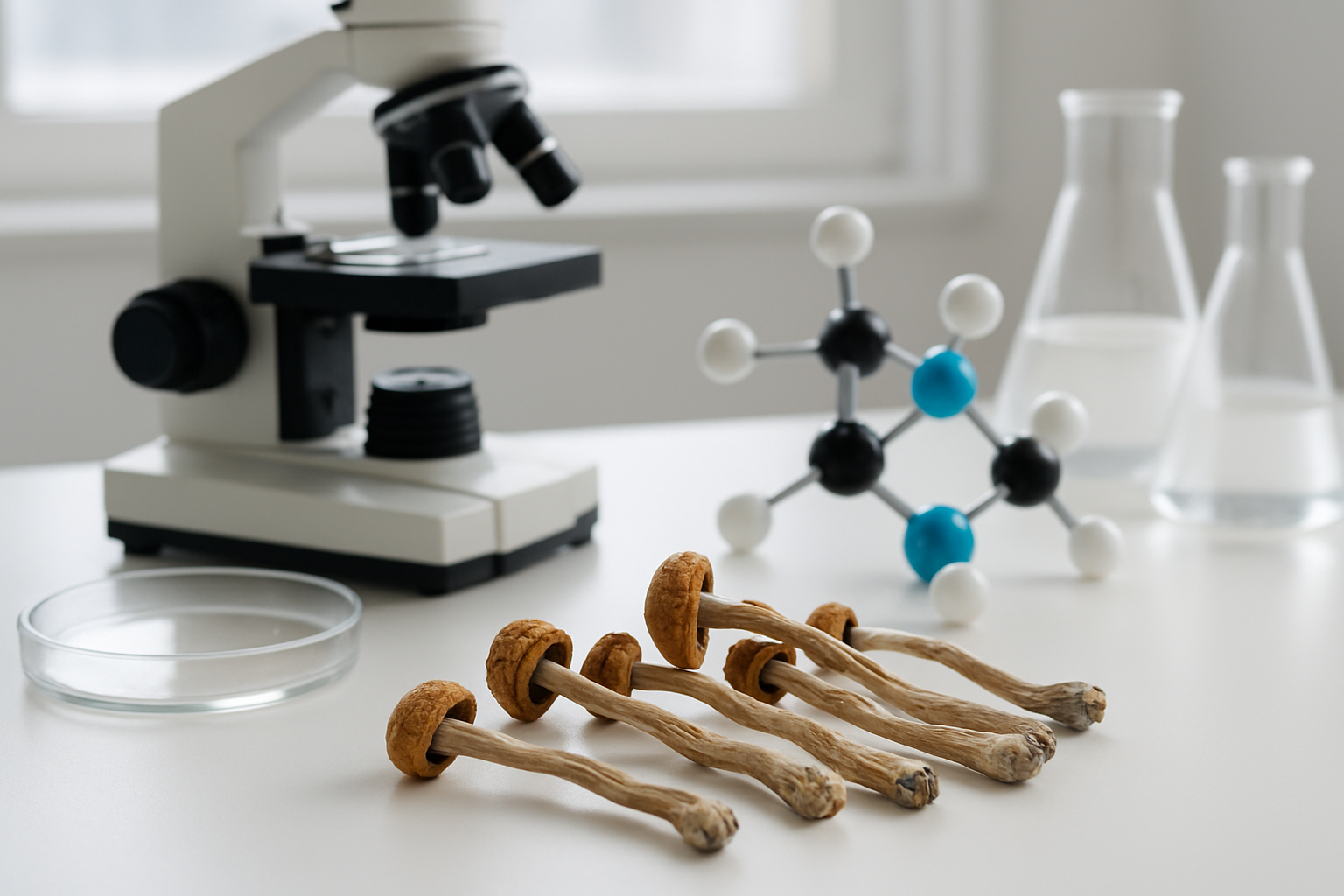 7 Best Magic Mushroom Strains For Therapy - Psychedelic Today Create A Realistic Image Of Psilocybin Mushrooms Arranged On A Clean White Laboratory Table Alongside Scientific Equipment Including A Microscope, Glass Petri Dishes, And Molecular Structure Models, With Soft Natural Lighting From A Window Creating Gentle Shadows, Emphasizing The Scientific And Therapeutic Research Aspect Of Psilocybin Studies In A Professional Laboratory Setting, Absolutely No Text Should Be In The Scene.