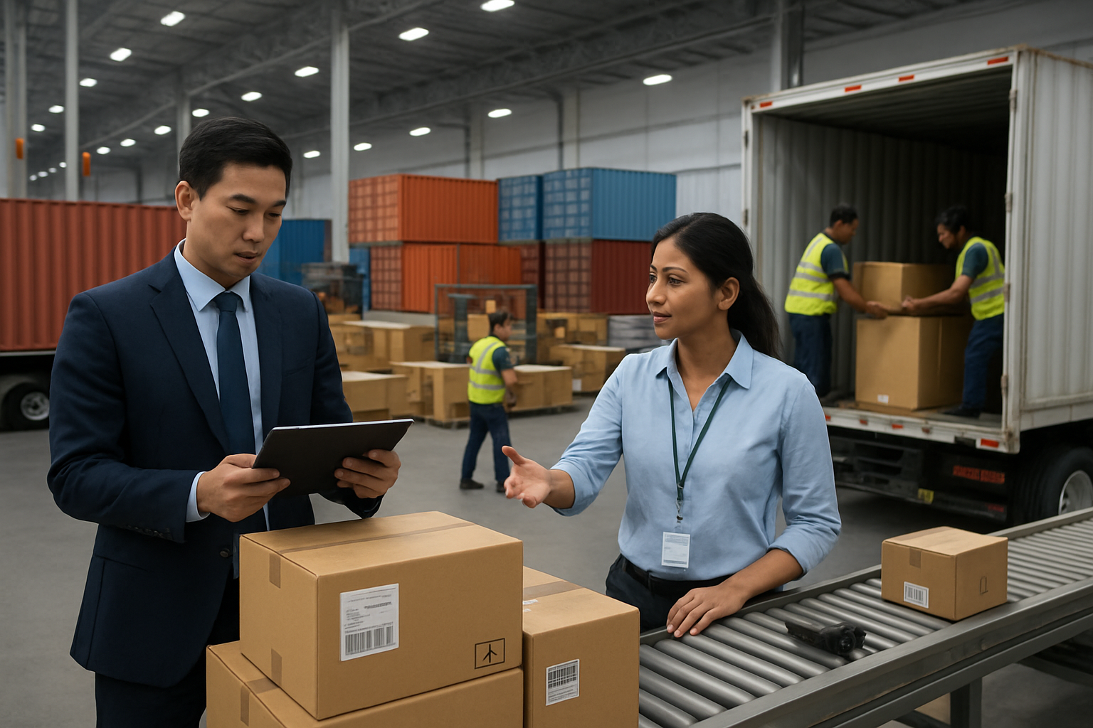 From Sampling to Shipment: A Transparent Apparel Export Process for Global Buyers in 2026 Create a realistic image of a modern logistics warehouse facility with shipping containers, cargo trucks, and delivery vehicles in the background, featuring an Asian male logistics coordinator in professional attire reviewing shipping documents on a tablet while standing near stacked cardboard boxes labeled for international shipping, with a South Asian female warehouse manager coordinating with dock workers loading apparel packages onto a freight truck, the scene shows an organized distribution center with conveyor belts, barcode scanners, and shipping labels, under bright industrial lighting with a clean and efficient atmosphere that conveys global trade operations, absolutely NO text should be in the scene.
