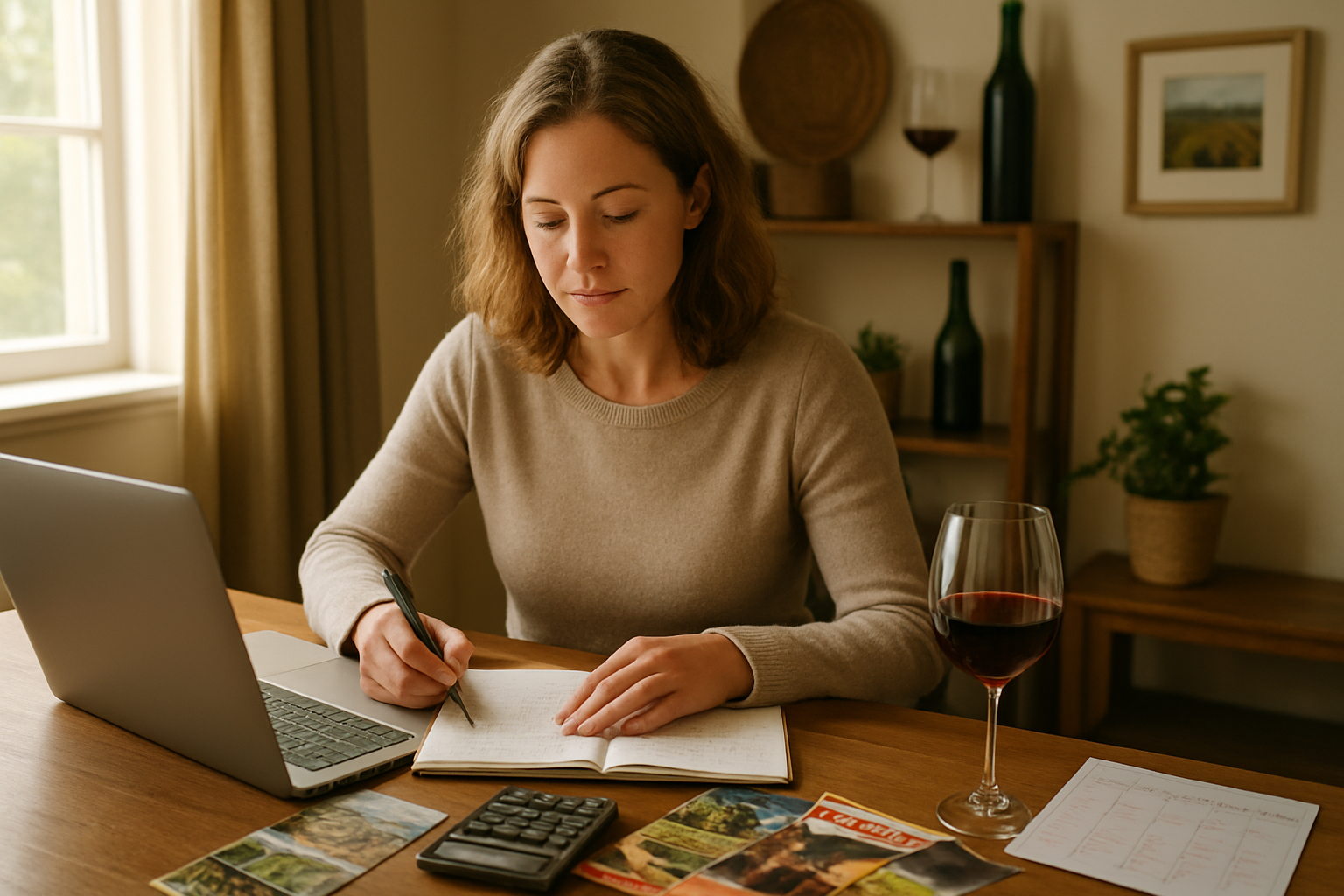 Create a realistic image of a white female in her 30s sitting at a wooden desk with an open laptop, calculator, and notebook with handwritten budget calculations, surrounded by wine travel brochures and a calendar showing marked dates, with a glass of red wine nearby, warm natural lighting from a window, cozy home office setting with wine-related decorations in the background, absolutely NO text should be in the scene.