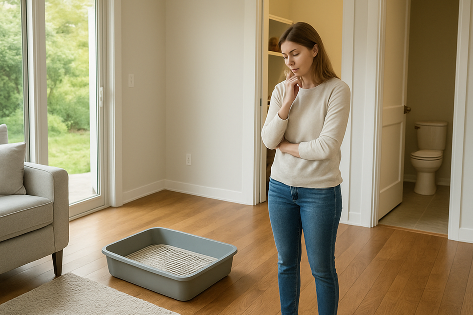 Create a realistic image of a modern home interior showing different potential indoor dog potty locations, featuring a white female pet owner in casual clothing thoughtfully examining various spots in a clean living space, with areas like a corner near a sliding door with natural light, a utility room entrance, and a bathroom doorway visible in the background, bright natural lighting streaming through windows, organized home environment with hardwood floors and contemporary furnishings, the woman appearing to be making a decision about the best placement for a pet bathroom area, absolutely NO text should be in the scene.