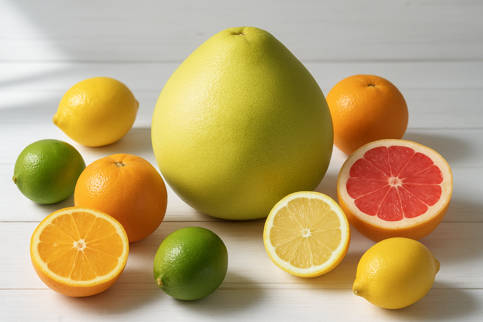 Create a realistic image of a pomelo fruit displayed alongside other popular citrus fruits including oranges, lemons, limes, and grapefruits arranged on a clean white wooden surface, with the large pomelo prominently positioned in the center showing its thick pale green-yellow skin, surrounded by the smaller citrus fruits to emphasize size comparison, with some fruits cut in half to reveal their internal flesh and segments, natural daylight streaming from the left side creating soft shadows, bright and fresh atmosphere highlighting the vibrant colors and textures of each citrus variety, absolutely NO text should be in the scene.