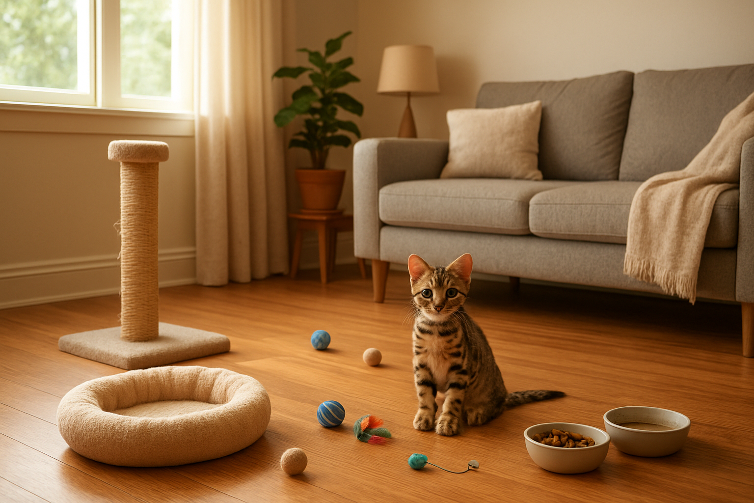 Create a realistic image of a cozy living room interior showing Bengal kitten preparation essentials including a scratching post, kitten toys scattered on hardwood flooring, food and water bowls, a comfortable cat bed, and kitten-proofed furniture with secured cables and breakable items removed, warm natural lighting streaming through windows, homey domestic atmosphere with soft furnishings and houseplants positioned safely out of reach, absolutely NO text should be in the scene.