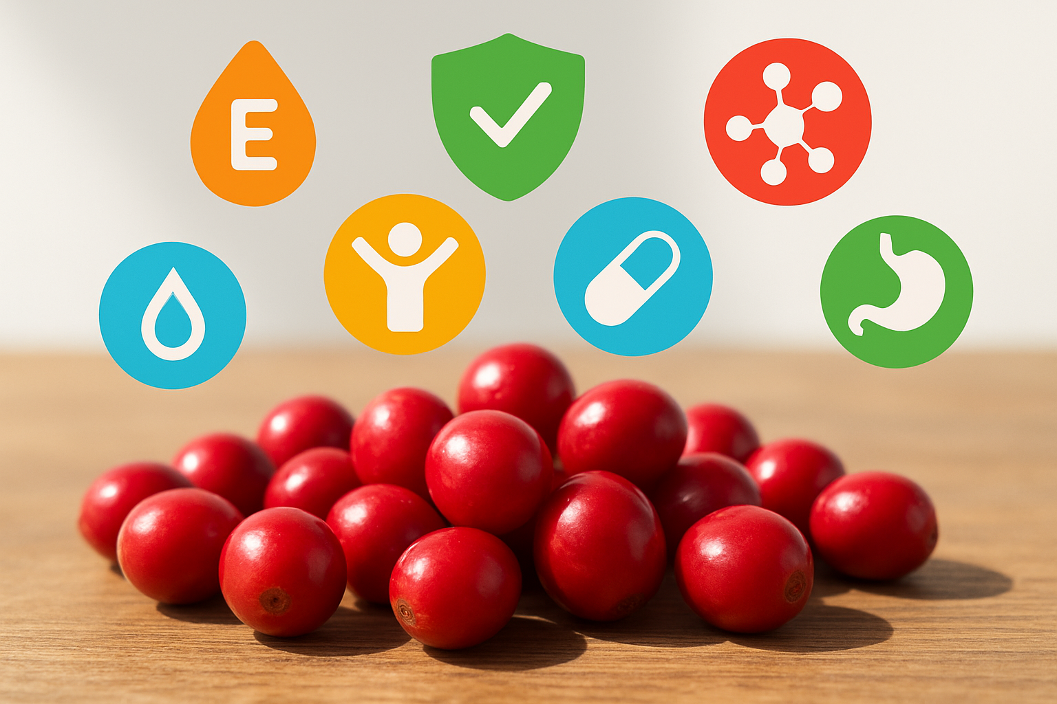 Create a realistic image of fresh red coffee cherries arranged on a wooden surface with colorful nutritional infographic elements like vitamin icons, antioxidant symbols, and healthy benefit illustrations floating above them, bright natural lighting highlighting the glossy cherry skins, clean minimalist background with soft shadows, vibrant colors emphasizing the health and wellness theme, absolutely NO text should be in the scene.