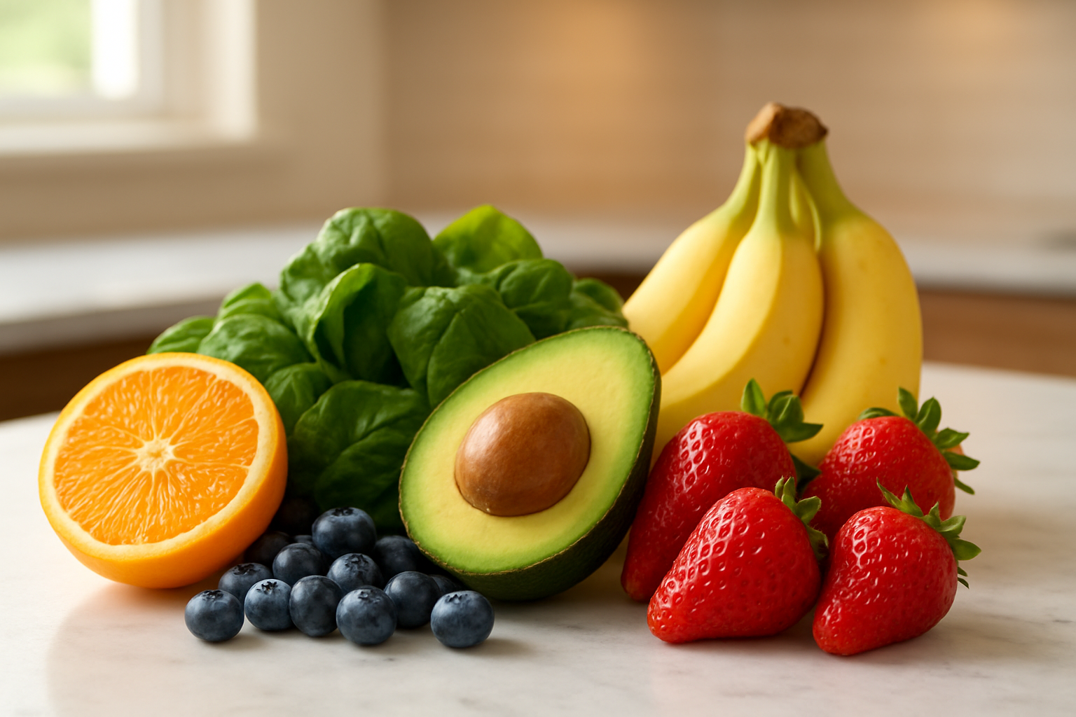 Create a realistic image of a vibrant arrangement of colorful fresh fruits including blueberries, oranges, spinach leaves, avocados, bananas, and strawberries artfully displayed on a clean white marble countertop with soft natural lighting from a nearby window, showcasing the fruits' rich textures and natural colors that emphasize their nutritional value, with some fruits cut in half to reveal their interior, set against a clean modern kitchen background with warm ambient lighting that highlights the fresh, healthy appeal of the produce, absolutely NO text should be in the scene.
