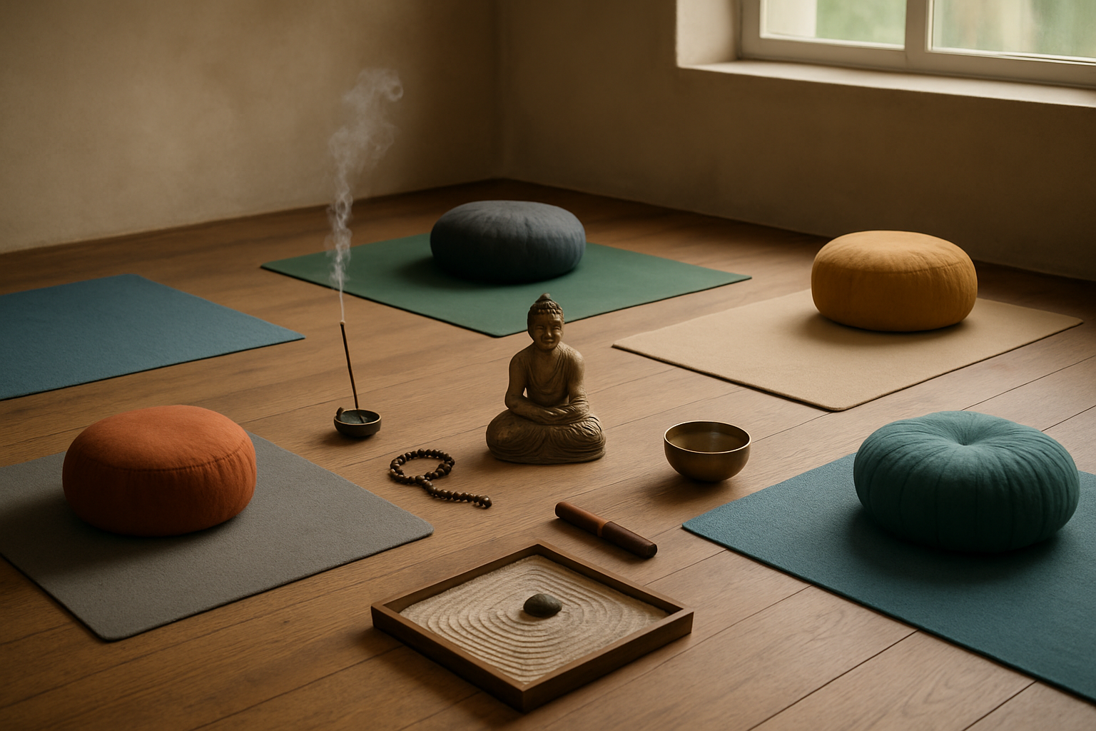 Create a realistic image of a serene indoor meditation space showcasing different meditation styles with yoga mats arranged in various positions, meditation cushions in different colors and shapes, a small Buddha statue, burning incense sticks with gentle smoke, a singing bowl, prayer beads, and a small zen garden with raked sand, all arranged on a wooden floor with soft natural lighting filtering through a window, creating a peaceful and diverse meditation environment. Absolutely NO text should be in the scene.