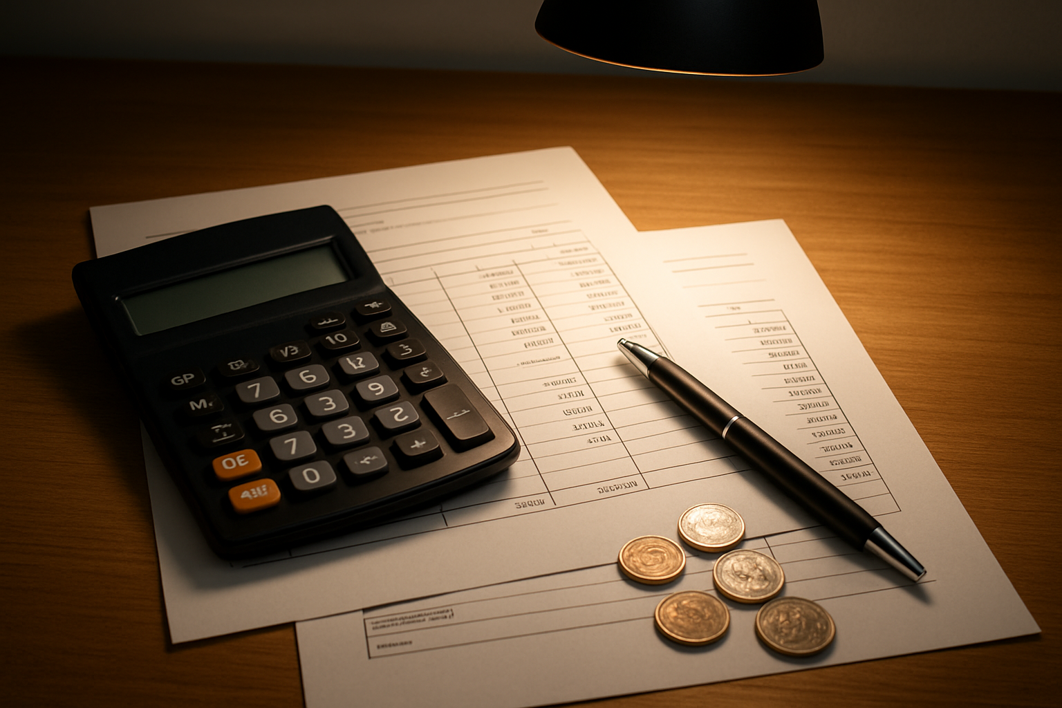 Create a realistic image of a clean, organized desk scene featuring a calculator, financial documents with budget categories and dollar amounts, a pen, and coins scattered nearby, with a warm overhead lamp providing focused lighting on the workspace, creating a professional and methodical atmosphere that conveys financial planning and budgeting fundamentals, absolutely NO text should be in the scene.