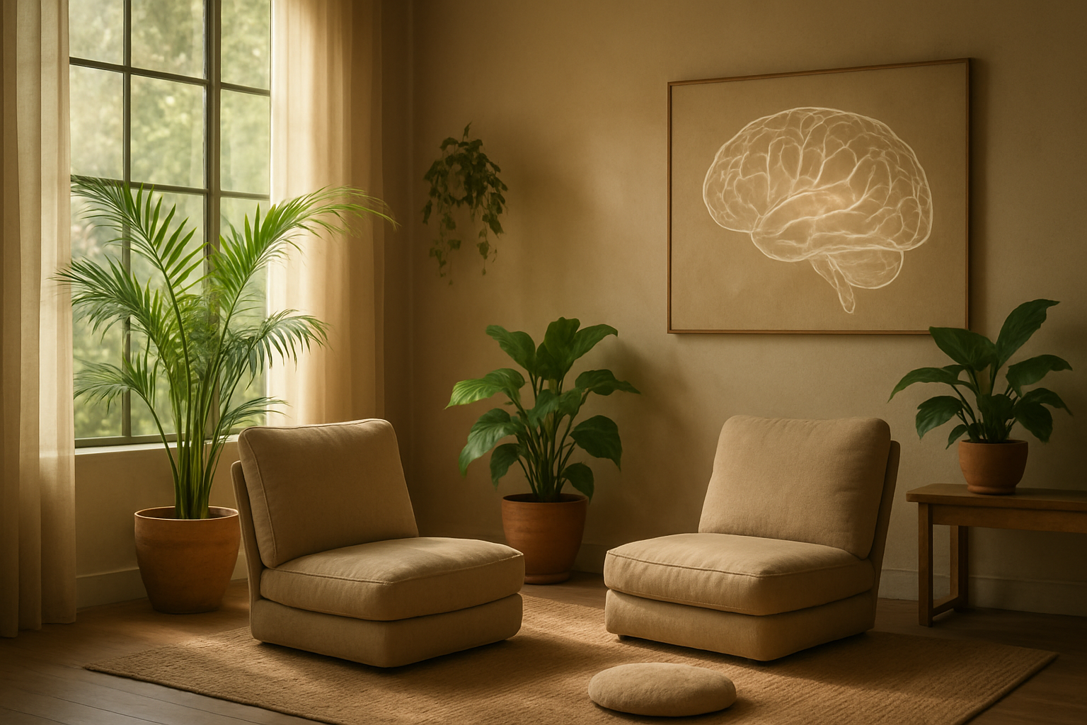 Create a realistic image of a serene healing environment with soft, warm natural lighting streaming through large windows, featuring a peaceful meditation or recovery space with comfortable seating, lush green plants symbolizing growth and renewal, a subtle brain diagram or neural network visualization on a wall or table showing healthy neural pathways, calming earth tones throughout the space, and an atmosphere of hope and transformation that represents successful addiction recovery and brain healing, with gentle shadows and a sense of quiet contemplation. Absolutely NO text should be in the scene.
