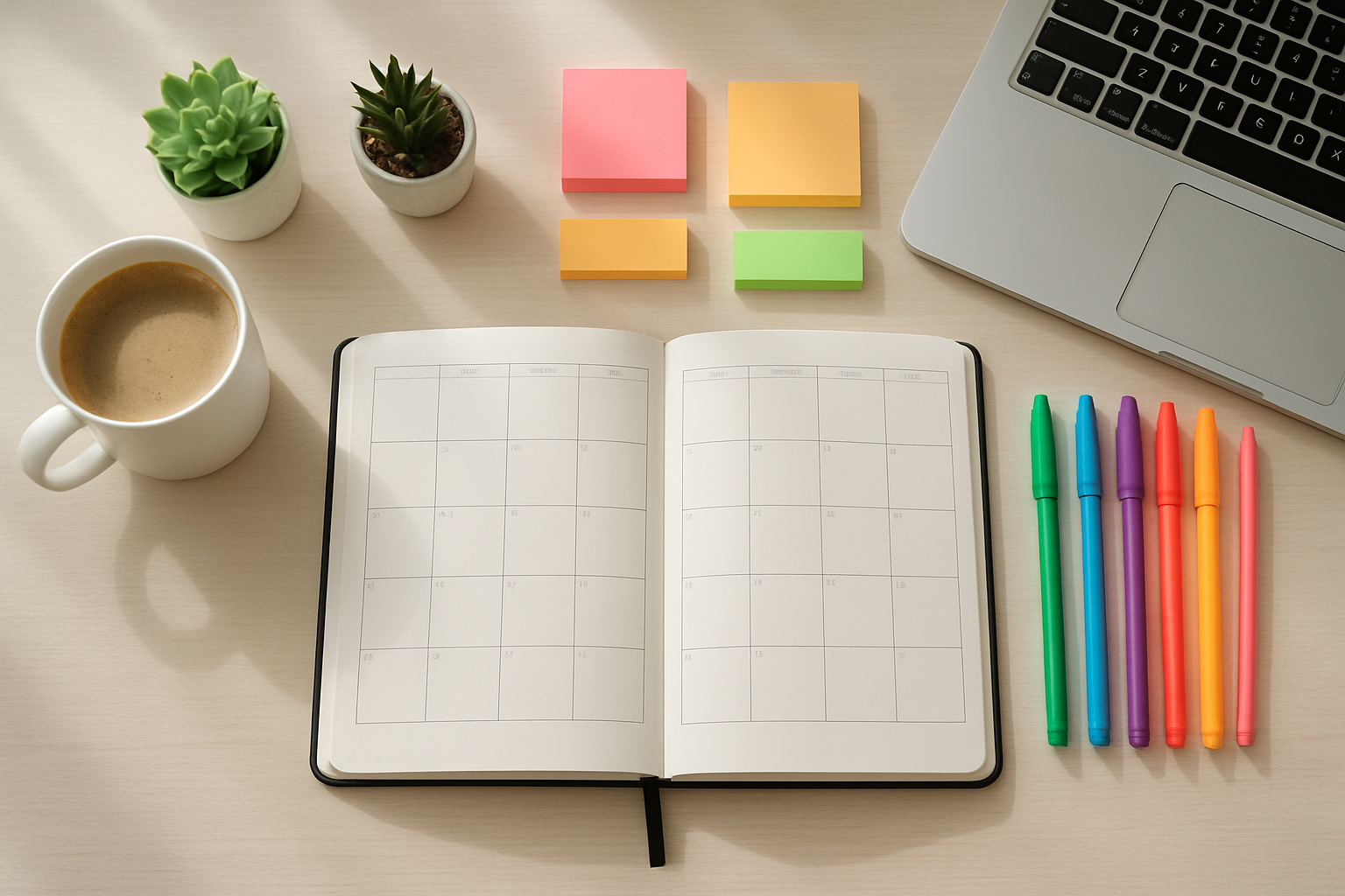 Create a realistic image of a clean, organized desk setup from a top-down view featuring an open planner or journal with blank monthly calendar pages, colorful pens and markers neatly arranged, sticky notes in various colors, a laptop partially visible at the edge, a steaming coffee cup, and small potted succulent plants, all arranged on a white or light wooden desk surface with soft natural lighting from a nearby window creating gentle shadows, conveying a productive and inspiring workspace atmosphere for goal planning and organization, absolutely NO text should be in the scene.