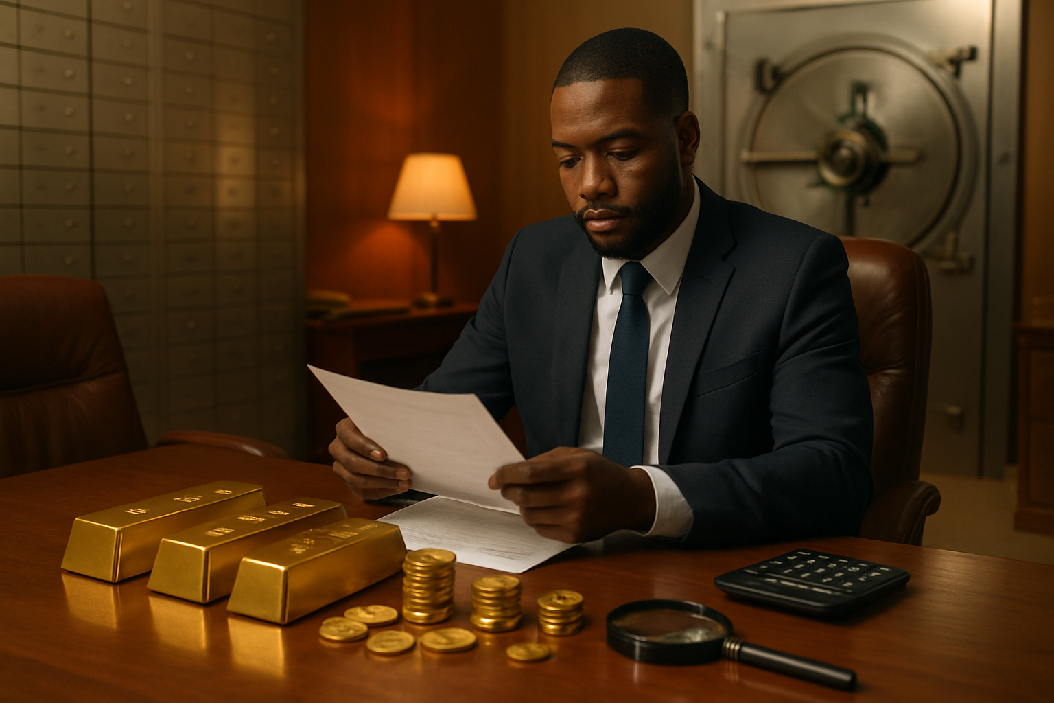 Create a realistic image of a professional financial services office with a polished wooden desk displaying various gold bullion bars and coins, a black male financial advisor in a business suit consulting with documents, secure storage vault visible in the background, professional lighting with warm tones, calculator and magnifying glass on the desk, safe deposit boxes along the wall, clean modern office environment with leather chairs, absolutely NO text should be in the scene.