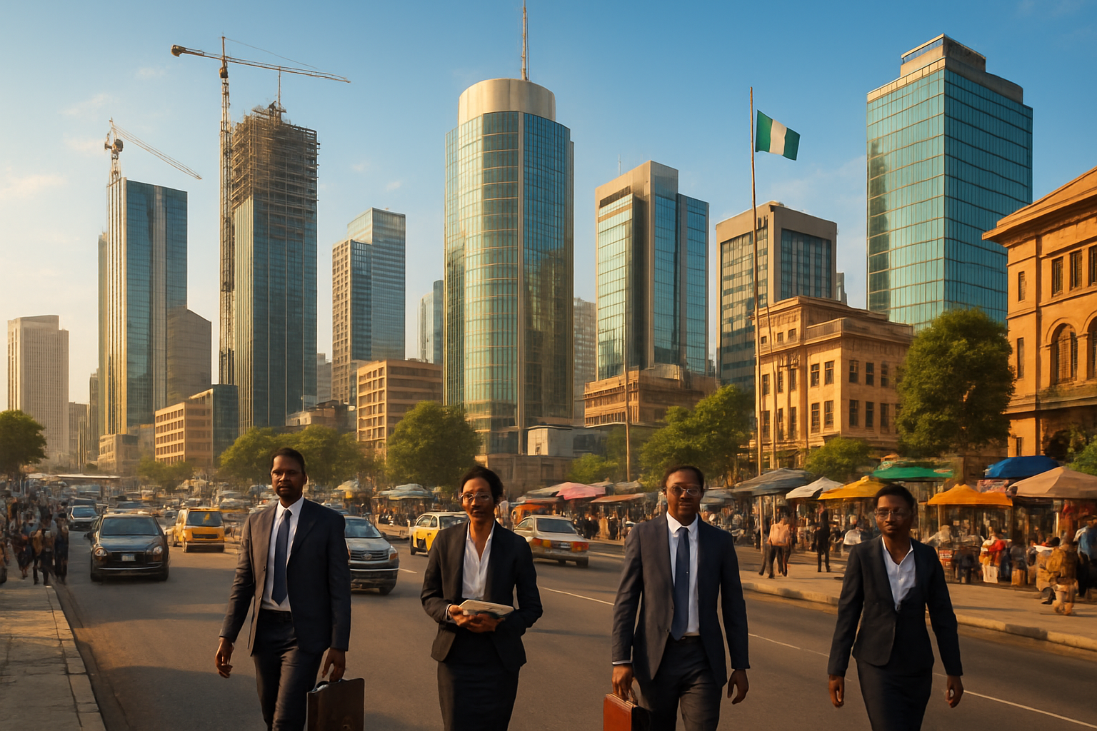 Create a realistic image of a bustling Nigerian cityscape showcasing Lagos skyline with modern skyscrapers and commercial buildings, featuring busy streets with traffic, construction cranes indicating growth and development, Nigerian flags visible on some buildings, diverse black African business people in professional attire walking on sidewalks carrying briefcases and documents, modern office buildings with glass facades reflecting sunlight, some traditional Nigerian architectural elements blended with contemporary structures, vibrant economic activity with street vendors and small businesses, clear blue sky with warm golden lighting suggesting prosperity and opportunity, green spaces interspersed between urban development, and a sense of dynamic growth and investment potential throughout the scene, absolutely NO text should be in the scene.