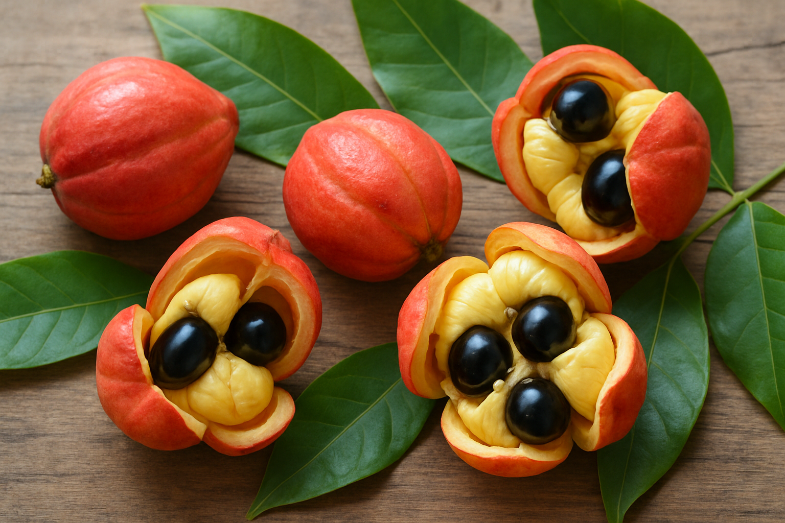 Create a realistic image of several fresh ackee fruits in various stages, showing both unopened red-pink pods and naturally opened yellow pods revealing the characteristic white arils with black seeds inside, arranged on a rustic wooden surface with tropical green leaves scattered around, captured in natural daylight with soft shadows to highlight the unique texture and vibrant colors of this exotic Caribbean fruit, absolutely NO text should be in the scene.