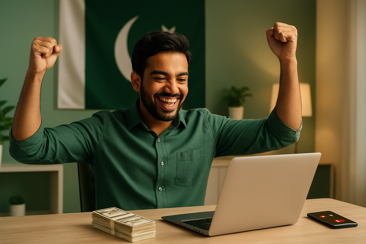 Create a realistic image of a South Asian male blogger sitting at a modern desk with a laptop computer, celebrating success with raised arms and a big smile, Pakistani flag subtly visible in the background, green and white color scheme throughout the scene, stack of money and smartphone showing notifications nearby, warm golden lighting creating an inspiring entrepreneurial atmosphere, clean modern office setup with motivational ambiance, absolutely NO text should be in the scene.