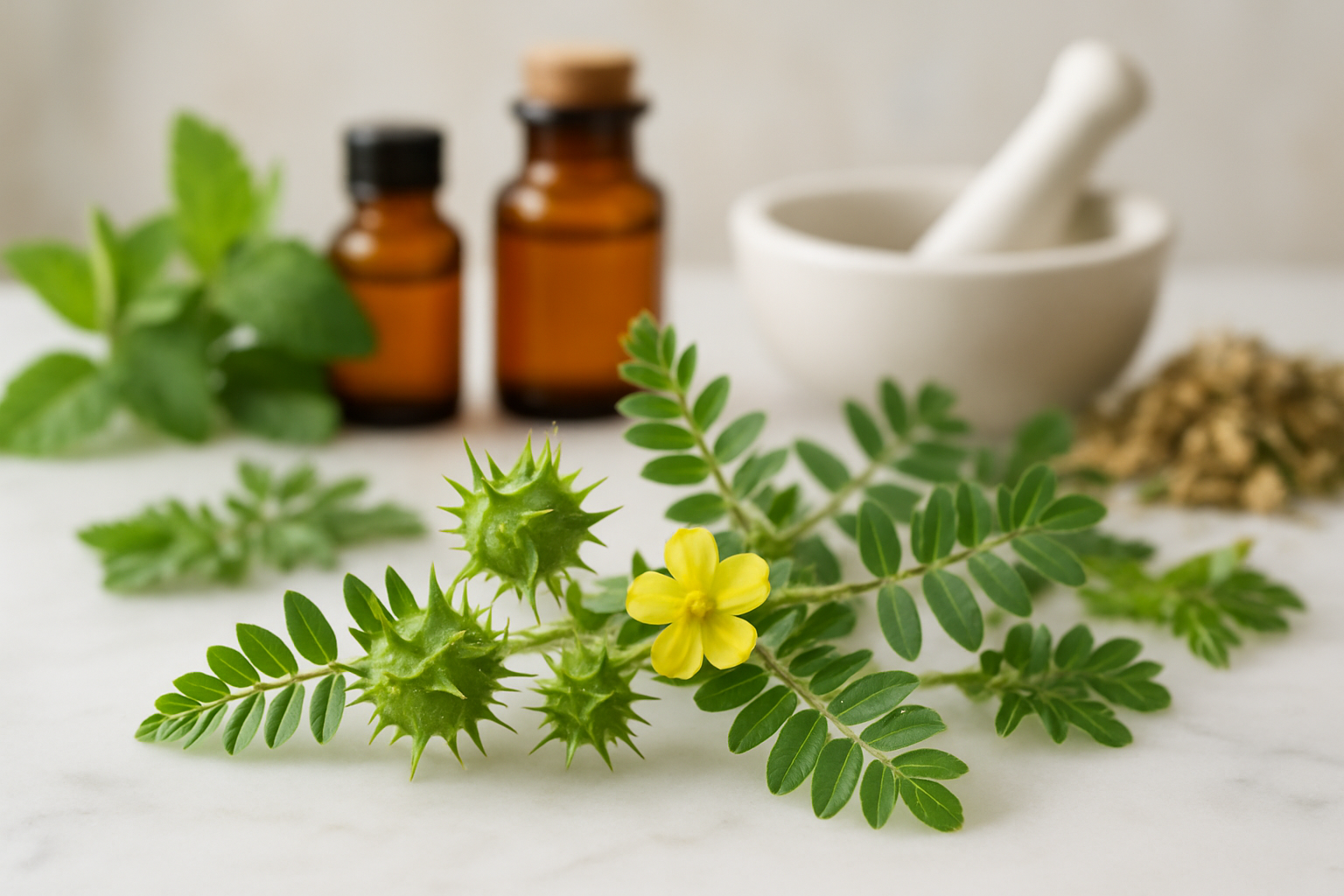 Planta Tribulus terrestris com flor amarela vibrante, vagens verdes espinhosas e folhas frescas em composição fitoterápica sobre mármore, acompanhada de frascos e almofariz desfocados.