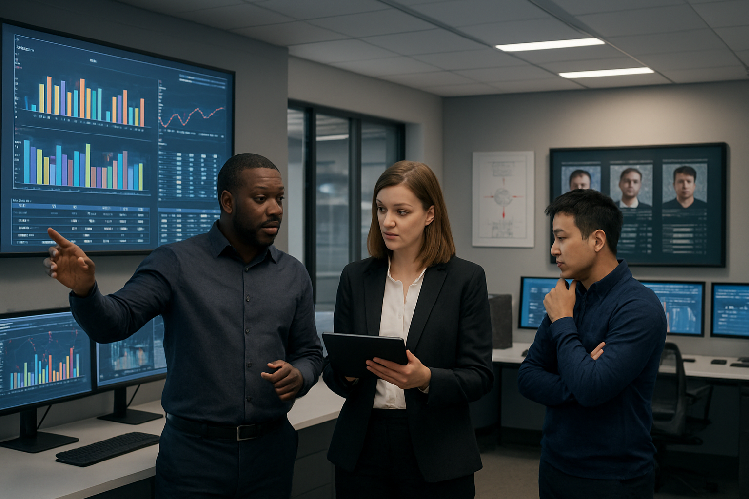 Create a realistic image of a modern sports team office with diverse professionals analyzing player data on large digital screens, featuring a black male data analyst pointing at performance metrics charts, a white female executive reviewing player statistics on a tablet, and an Asian male coach examining athlete profiles on a wall-mounted monitor, with multiple computer workstations displaying player performance graphs and recruitment data, bright professional lighting illuminating the contemporary workspace with team logos and strategic planning boards visible in the background, conveying a focused and analytical atmosphere of modern sports management technology. Absolutely NO text should be in the scene.