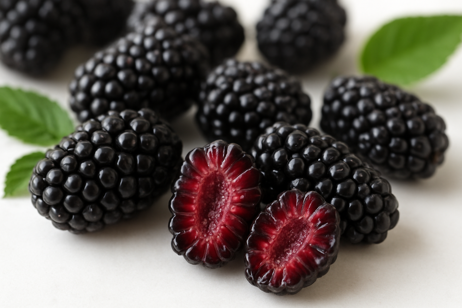 Create a realistic image of fresh marionberries displayed in close-up detail showing their distinctive dark purple-black color, elongated oval shape, and clustered drupelets texture, alongside a few cut-open berries revealing their juicy deep red interior, arranged on a clean white surface with natural daylight illuminating their glossy skin and highlighting the contrast between whole and sectioned berries to showcase their identifying characteristics, with a few green leaves scattered nearby for natural context, shot with shallow depth of field to emphasize the berry details, absolutely NO text should be in the scene.