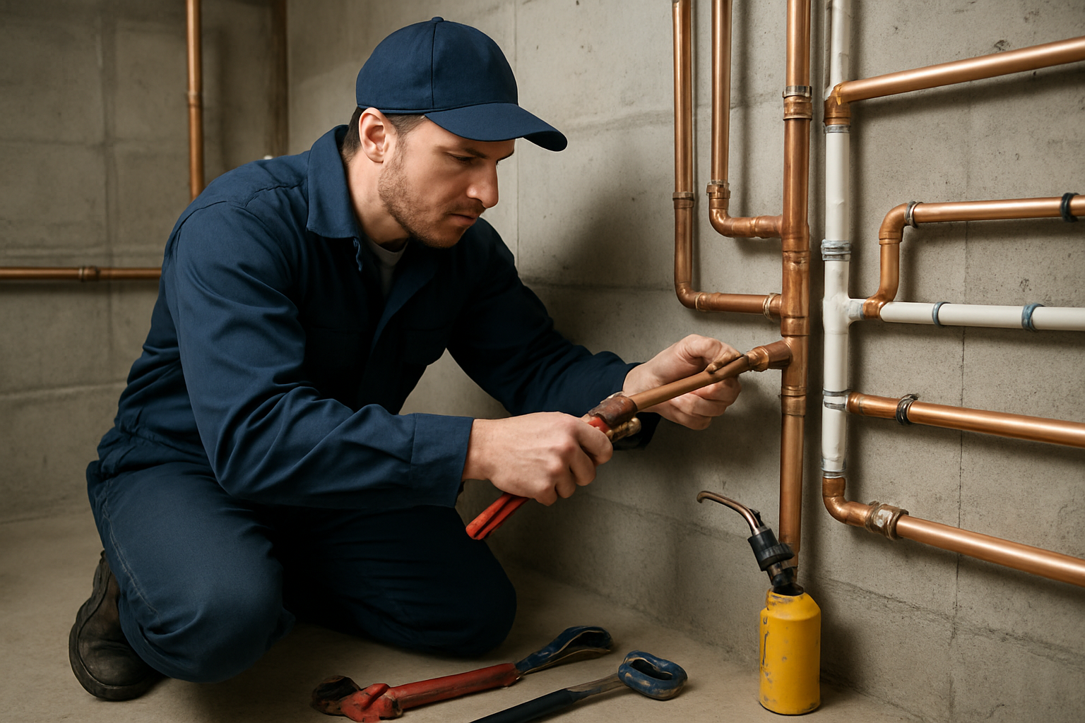 Create a realistic image of a professional white male plumber in work uniform installing new copper gas lines and water pipes in a residential basement or utility room, with various plumbing tools like pipe wrenches and torch equipment visible on the floor, modern copper and PEX piping systems running along concrete walls, proper lighting illuminating the technical work area, conveying expertise and precision in specialized plumbing services, absolutely NO text should be in the scene.