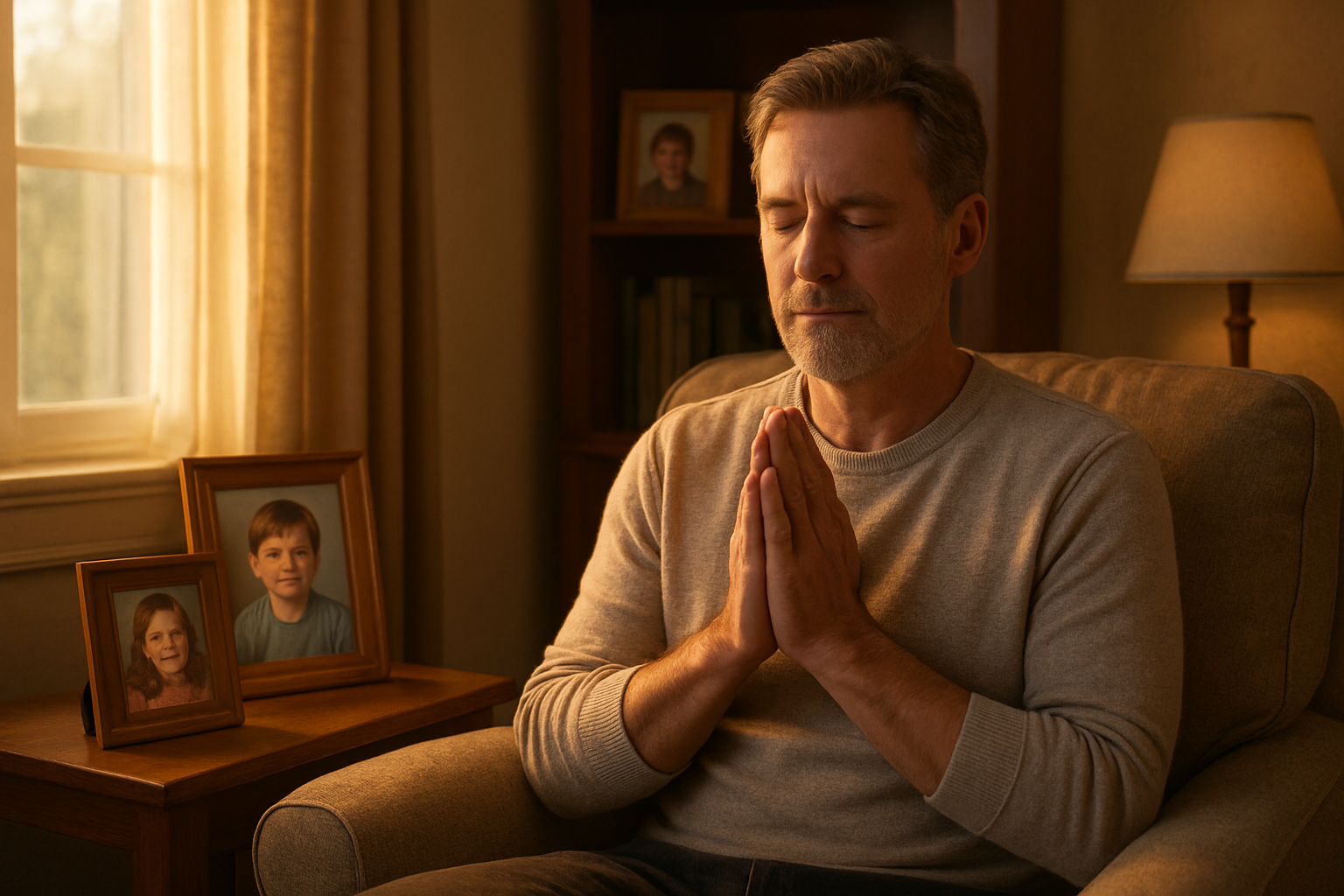Create a realistic image of a white middle-aged father sitting peacefully in a comfortable armchair in a warm, softly lit living room during golden hour, with his hands gently clasped together in a prayer position, his eyes closed in contemplation, while family photos of children at different ages are visible on a nearby wooden side table and bookshelf, with soft natural light streaming through a window creating a serene and hopeful atmosphere, complemented by warm earth tones and cozy home furnishings that evoke feelings of protection, love, and spiritual devotion, absolutely NO text should be in the scene.