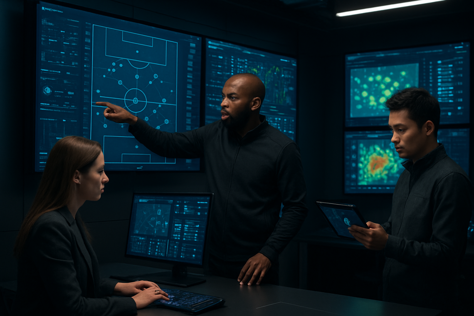 Create a realistic image of a modern sports team's strategic command center with multiple large wall-mounted screens displaying real-time game analytics, heat maps, and player tracking data, featuring a diverse group of coaches and analysts including a black male head coach pointing at tactical formations on screen, a white female data analyst working at a high-tech computer workstation, and an Asian male strategist reviewing live statistics on a tablet, all surrounded by sleek technology equipment with blue and green data visualizations glowing in a dimly lit room with dramatic lighting emphasizing the cutting-edge AI technology atmosphere, absolutely NO text should be in the scene.