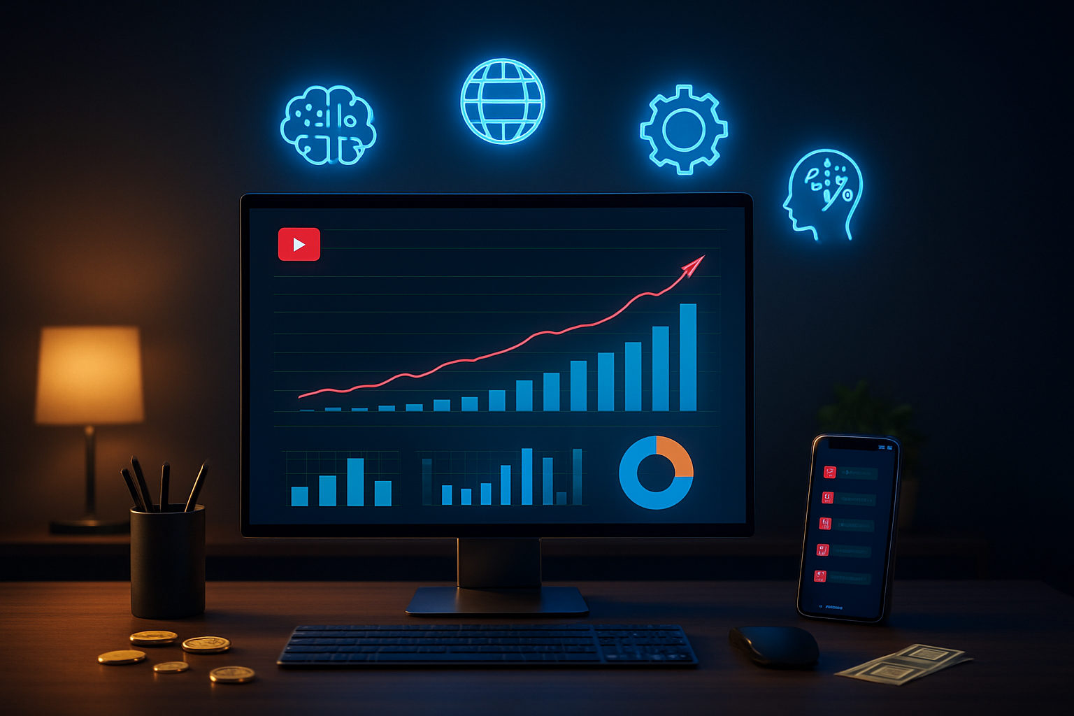 Create a realistic image of a modern home office setup featuring a sleek computer monitor displaying YouTube analytics dashboard with rising growth charts and revenue graphs, surrounded by AI-powered tools icons floating holographically above the workspace, golden coins and dollar bills subtly scattered around the desk representing monetary success, a smartphone showing YouTube notifications, all set against a dark professional background with warm ambient lighting creating a successful entrepreneurial atmosphere, with soft blue and gold accent lighting highlighting the technology elements. Absolutely NO text should be in the scene.