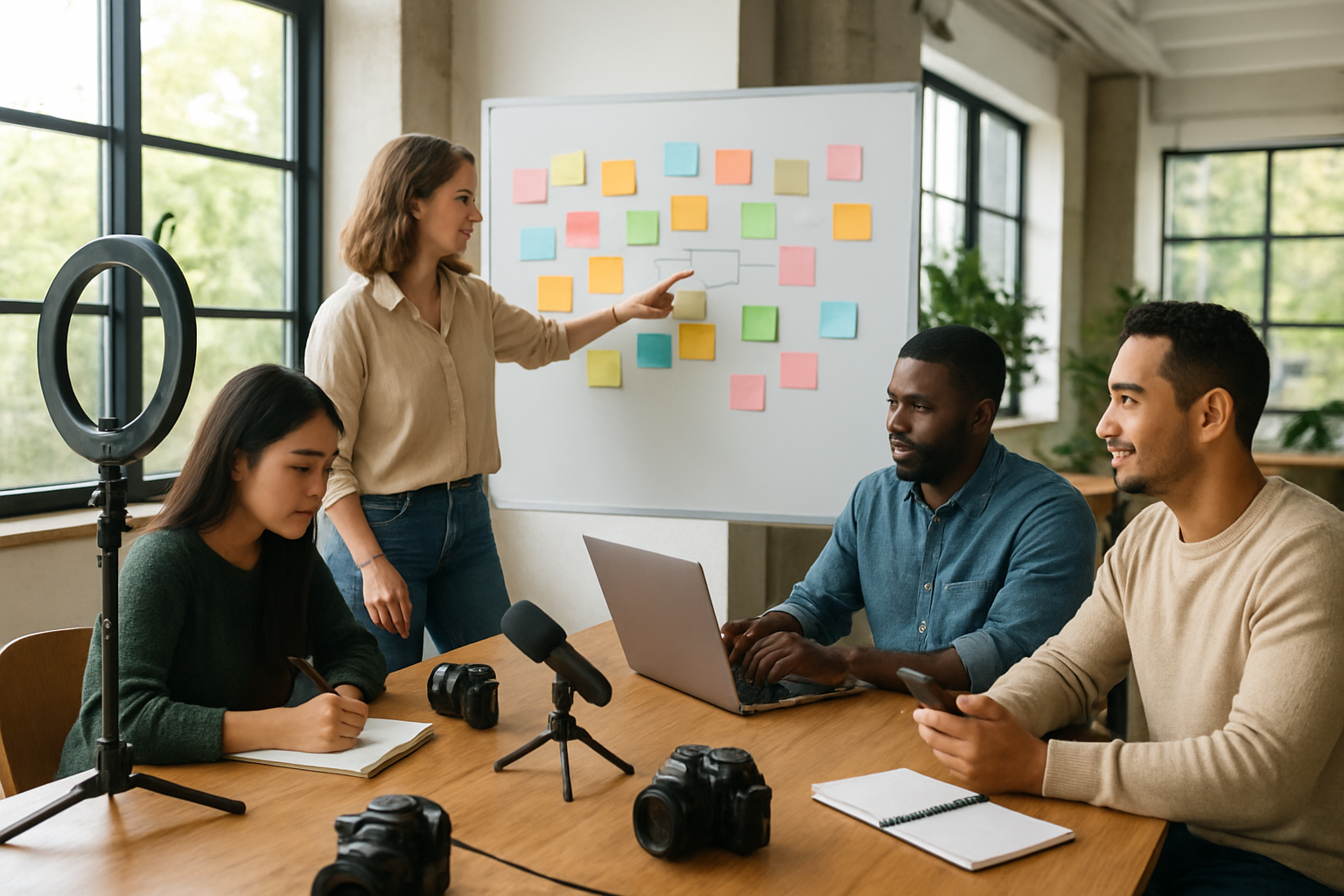 Create a realistic image of a diverse group of content creators sitting around a modern wooden conference table in a bright, naturally-lit co-working space, with one white female creator pointing at a large whiteboard covered in colorful sticky notes and content planning diagrams, while a black male creator types on a laptop, an Asian female creator sketches in a notebook, and a Hispanic male creator holds a smartphone, with cameras, ring lights, microphones, and notebooks scattered across the table, plants and large windows in the background creating an inspiring and collaborative atmosphere, absolutely NO text should be in the scene.