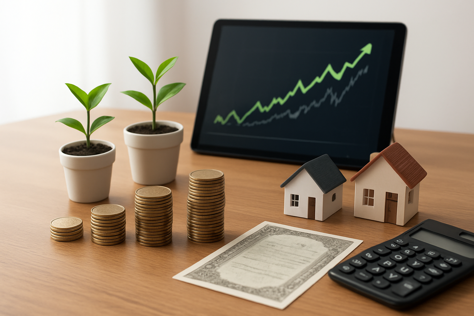 Create a realistic image of a diverse collection of investment assets arranged on a modern wooden desk, including stacks of coins in ascending heights, small potted green plants representing growth, miniature house models, stock certificates, a tablet displaying financial charts with green upward trending arrows, and a calculator, with soft natural lighting coming from the left side creating a professional and optimistic atmosphere, shot from a slightly elevated angle with a clean white background, absolutely NO text should be in the scene.