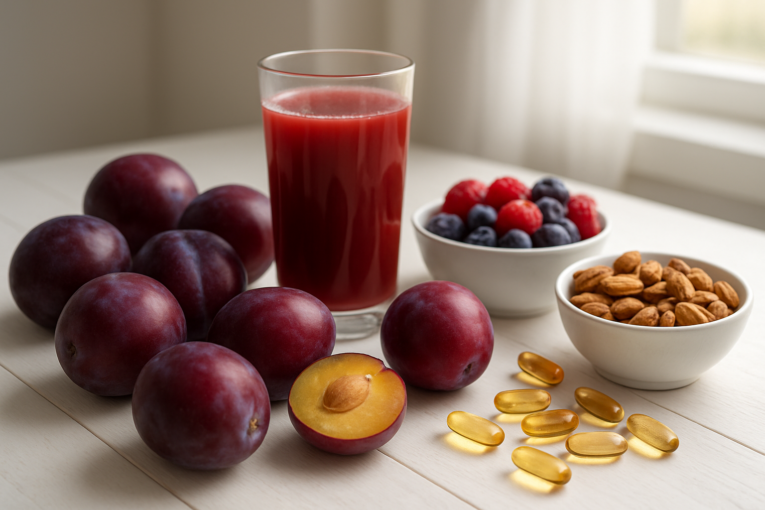 Create a realistic image of fresh, vibrant purple and red plums arranged on a clean white wooden table alongside colorful nutritional elements including a glass of fresh plum juice, vitamin supplement capsules scattered nearby, and small bowls containing antioxidant-rich foods like berries and nuts, with soft natural lighting from a window casting gentle shadows, creating a healthy and wholesome atmosphere that emphasizes wellness and nutrition, absolutely NO text should be in the scene.