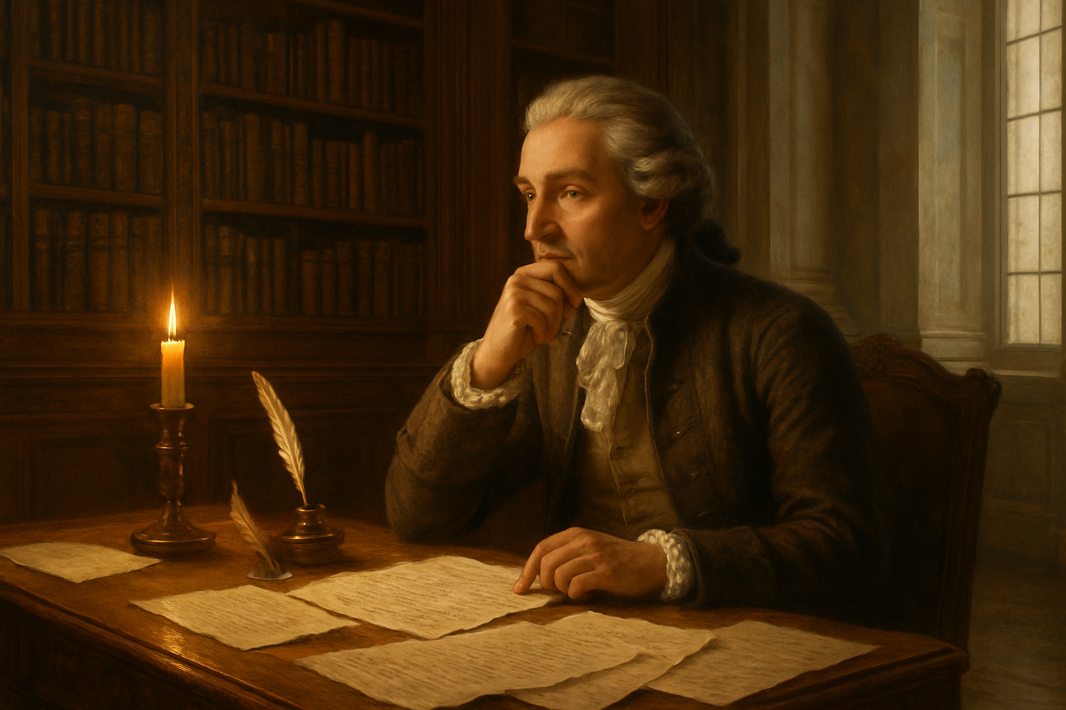 Create a realistic image of an elegant 18th century library study with ornate wooden bookshelves filled with leather-bound volumes, an antique writing desk with quill pens and inkwell, scattered handwritten manuscripts with visible poetry verses, candlelight casting warm golden shadows across the scene, a white male poet in period clothing sitting thoughtfully at the desk, classical architectural elements like marble columns in the background, soft natural light filtering through tall windows, representing the transition from Enlightenment rationality to pre-Romantic sensibility through the juxtaposition of formal scholarly elements with intimate creative atmosphere, absolutely NO text should be in the scene.