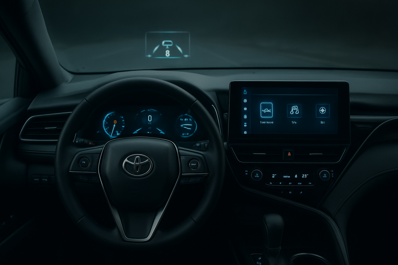 Create a realistic image of a 2024 Toyota Camry's interior dashboard showcasing advanced technology features including a large touchscreen infotainment display, digital instrument cluster, heads-up display projection on the windshield, steering wheel with control buttons, and safety monitoring icons visible on screens, shot from the driver's perspective with soft ambient lighting highlighting the modern tech interfaces, clean modern automotive interior design with premium materials visible, focused on the technological elements and safety system displays. Absolutely NO text should be in the scene.
