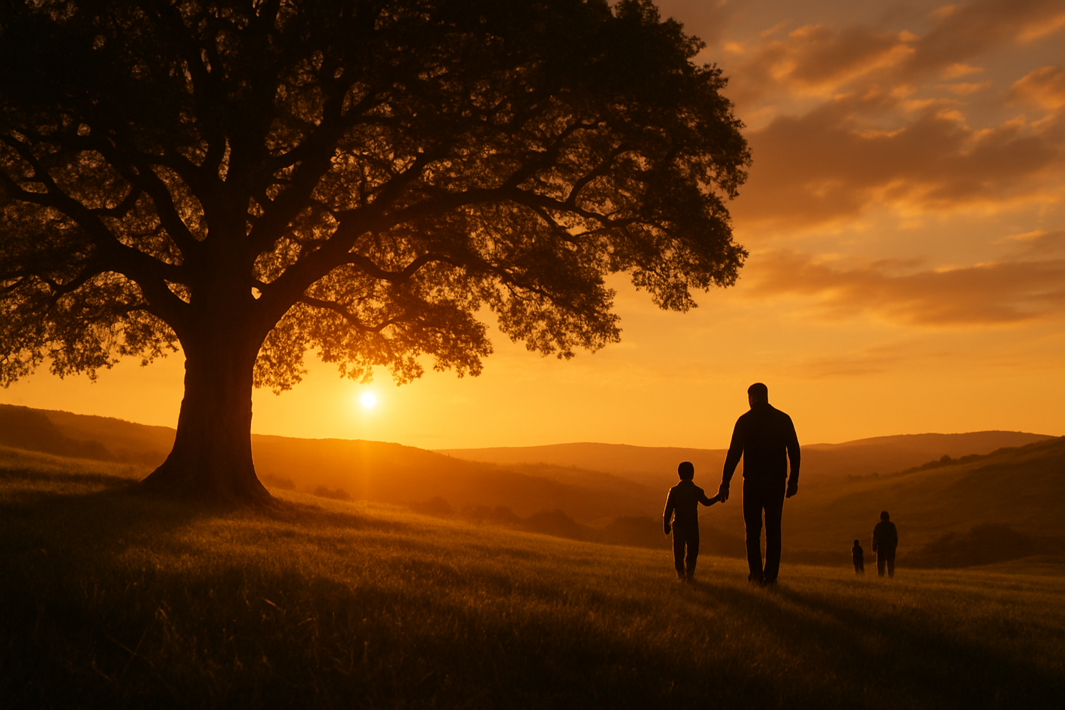 Create a realistic image of a warm, golden sunset landscape with a peaceful hillside meadow where silhouettes of fathers and children are visible in the distance, featuring a large, ancient oak tree in the foreground with strong, spreading branches that symbolize protection and legacy, soft warm lighting casting long shadows across rolling green hills, a serene and hopeful atmosphere with gentle clouds in a golden sky, conveying themes of faith, love, and enduring family bonds, absolutely NO text should be in the scene.