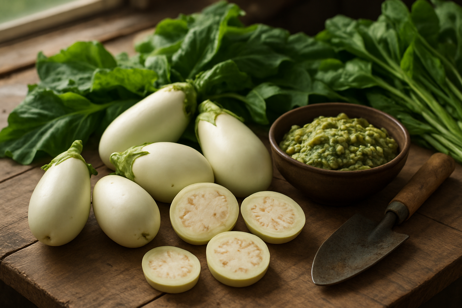 Create a realistic image of fresh garden egg fruits (white eggplants) arranged on a rustic wooden table with some cut in half showing their white flesh and seeds, surrounded by green leafy vegetables, a small bowl of prepared garden egg dish, and gardening tools like a small trowel in the background, with natural daylight streaming from a window creating soft shadows, conveying a wholesome farm-to-table atmosphere that summarizes the journey from cultivation to consumption, absolutely NO text should be in the scene.