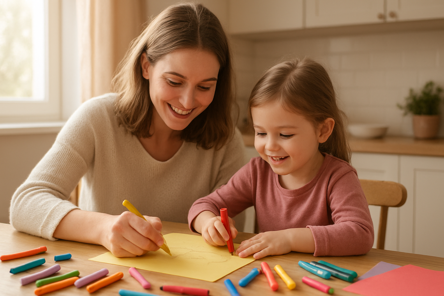Create a realistic image of a white mother and her young daughter sitting together at a kitchen table engaging in a fun craft activity, with colorful art supplies like crayons, markers, and construction paper scattered around them, both smiling and focused on creating something together, warm natural lighting streaming through a nearby window, cozy home environment with soft pastel colors, showing an intimate bonding moment between parent and child, absolutely NO text should be in the scene.