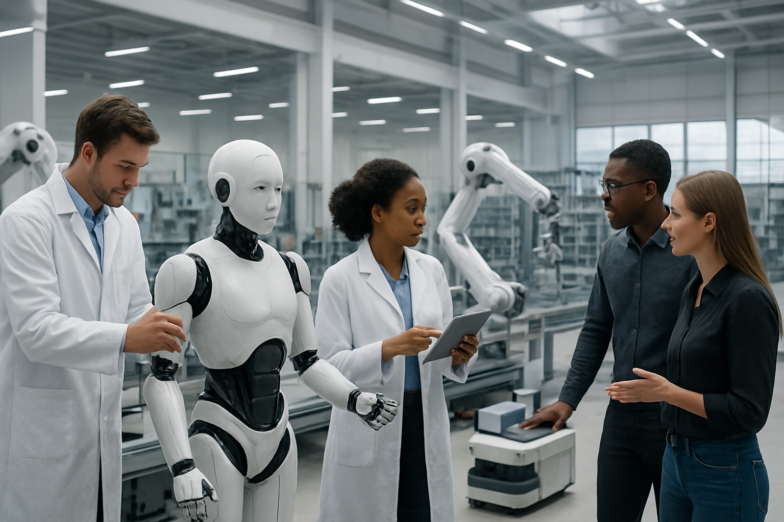 Create a realistic image of advanced humanoid robots seamlessly integrated into everyday physical environments, showing white and black male and female engineers collaborating with sophisticated AI-powered robots in a modern workshop setting, with robots performing precise manufacturing tasks alongside humans, industrial robotic arms working on assembly lines, and autonomous robots navigating through warehouses, all set in a bright, well-lit industrial facility with clean modern architecture, conveying innovation and technological harmony between artificial intelligence and real-world applications, absolutely NO text should be in the scene.