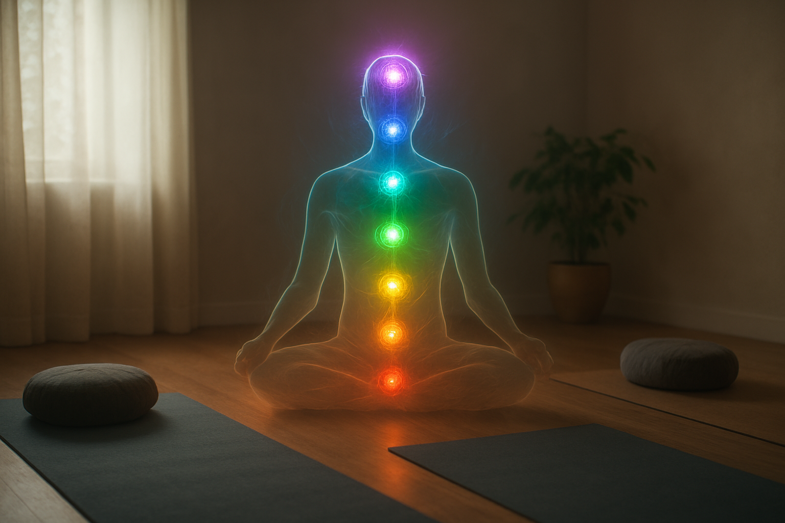 Create a realistic image of a serene meditation space showing the seven chakras as glowing energy centers aligned vertically along a translucent human silhouette, with each chakra represented by its traditional color (red, orange, yellow, green, blue, indigo, violet) and gentle flowing energy streams connecting them, set against a peaceful background with soft natural lighting, yoga mats and meditation cushions visible in the scene, creating a calm and educational atmosphere that illustrates energy flow through the body's chakra system, absolutely NO text should be in the scene.