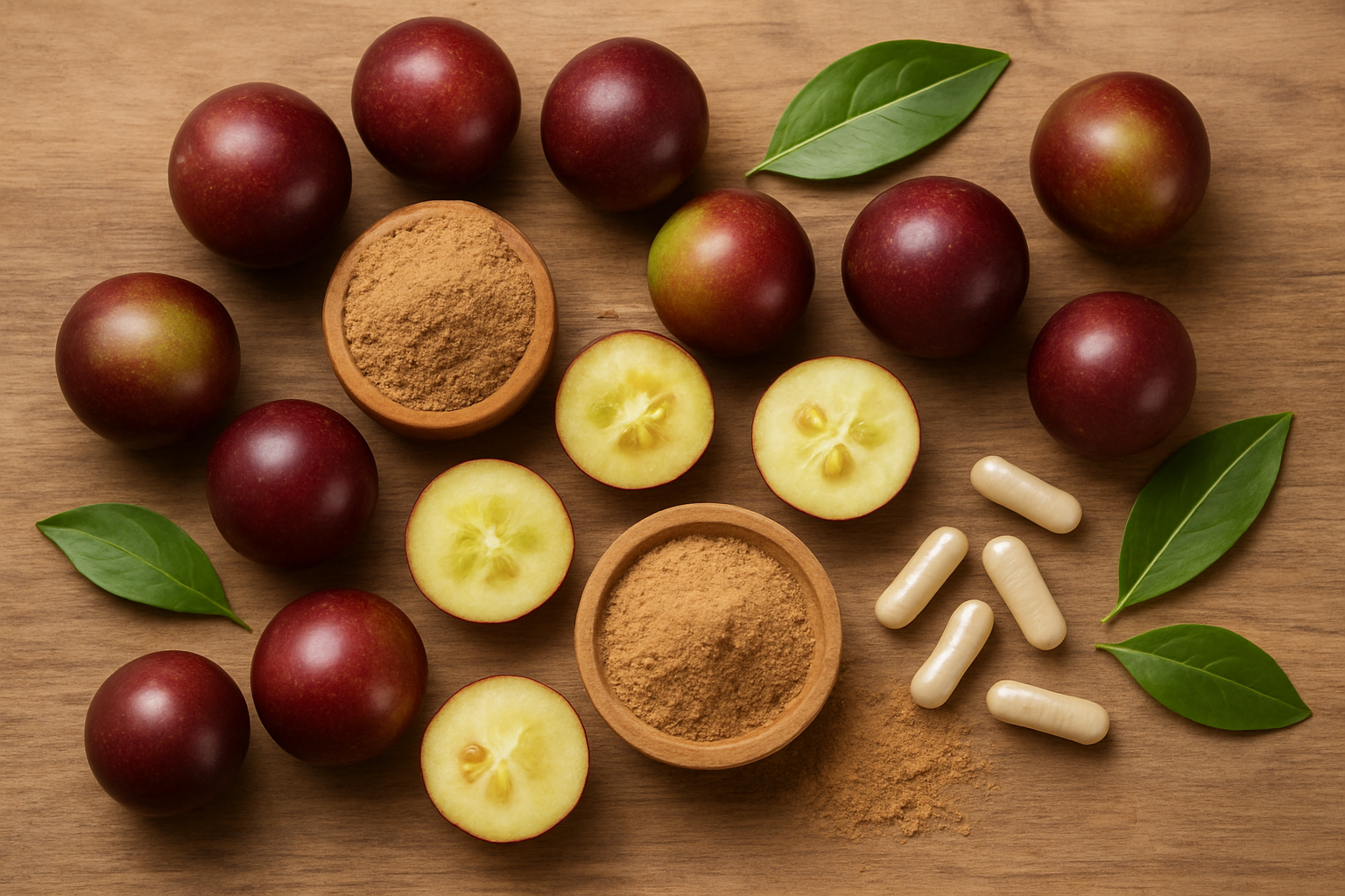 Create a realistic image of fresh Camu Camu fruits arranged on a natural wooden surface with some whole purple-red round fruits showing their glossy skin, a few cut in half revealing the pale yellow flesh inside, scattered Camu Camu powder in small wooden bowls, vitamin C supplement capsules nearby, and fresh green leaves from the Camu Camu plant as natural decoration, with soft natural lighting creating a warm and inviting superfood presentation, captured in a top-down view against a clean background that emphasizes the nutritional and health benefits of this Amazonian superfruit, absolutely NO text should be in the scene.