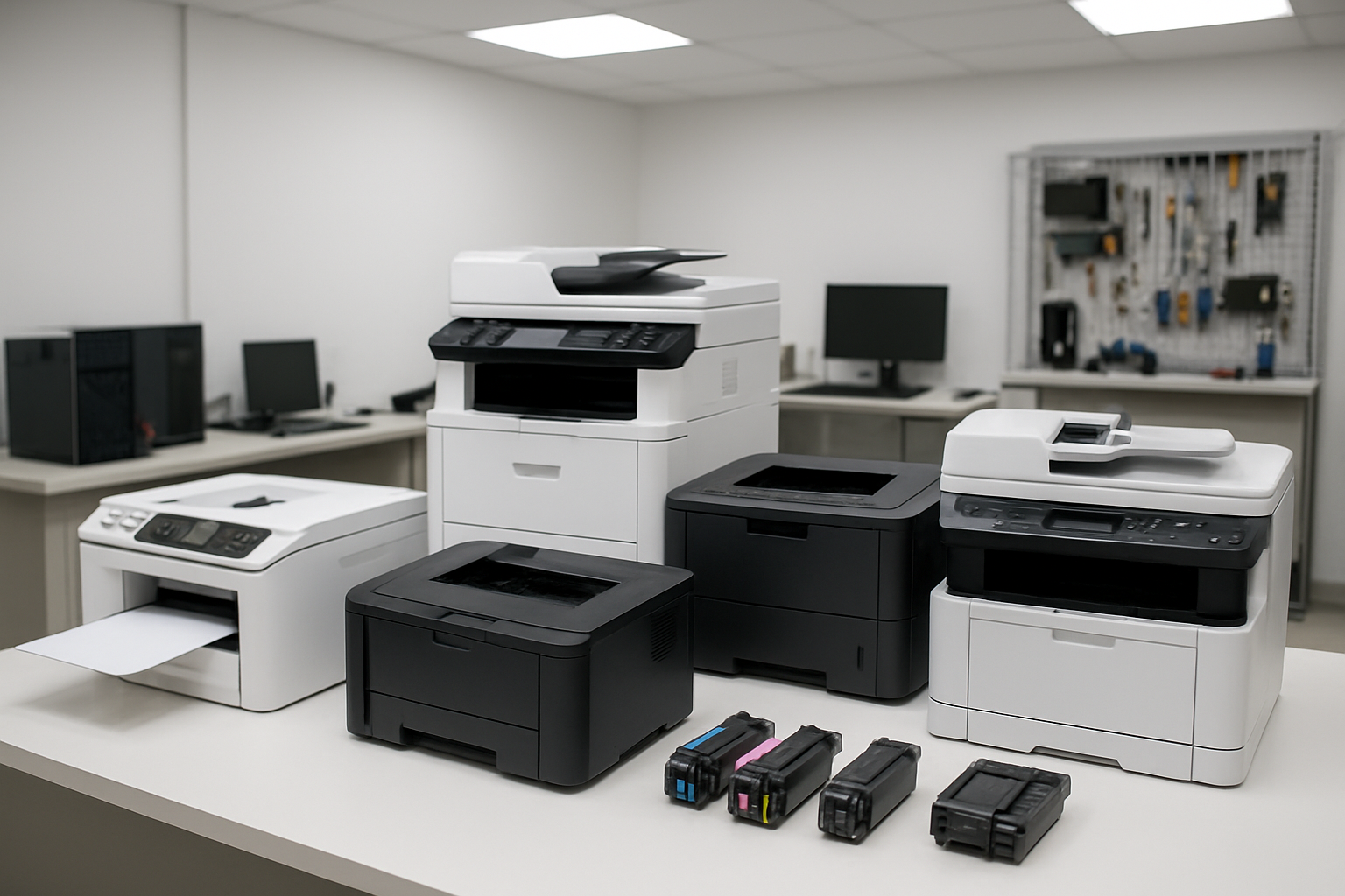 Create a realistic image of various printer models including inkjet printers, laser printers, and multifunction printers arranged on a clean white desk in a professional computer service shop, with ink cartridges and toner cartridges displayed nearby, bright fluorescent lighting from above, modern office environment background with computer repair tools visible on shelves, absolutely NO text should be in the scene.