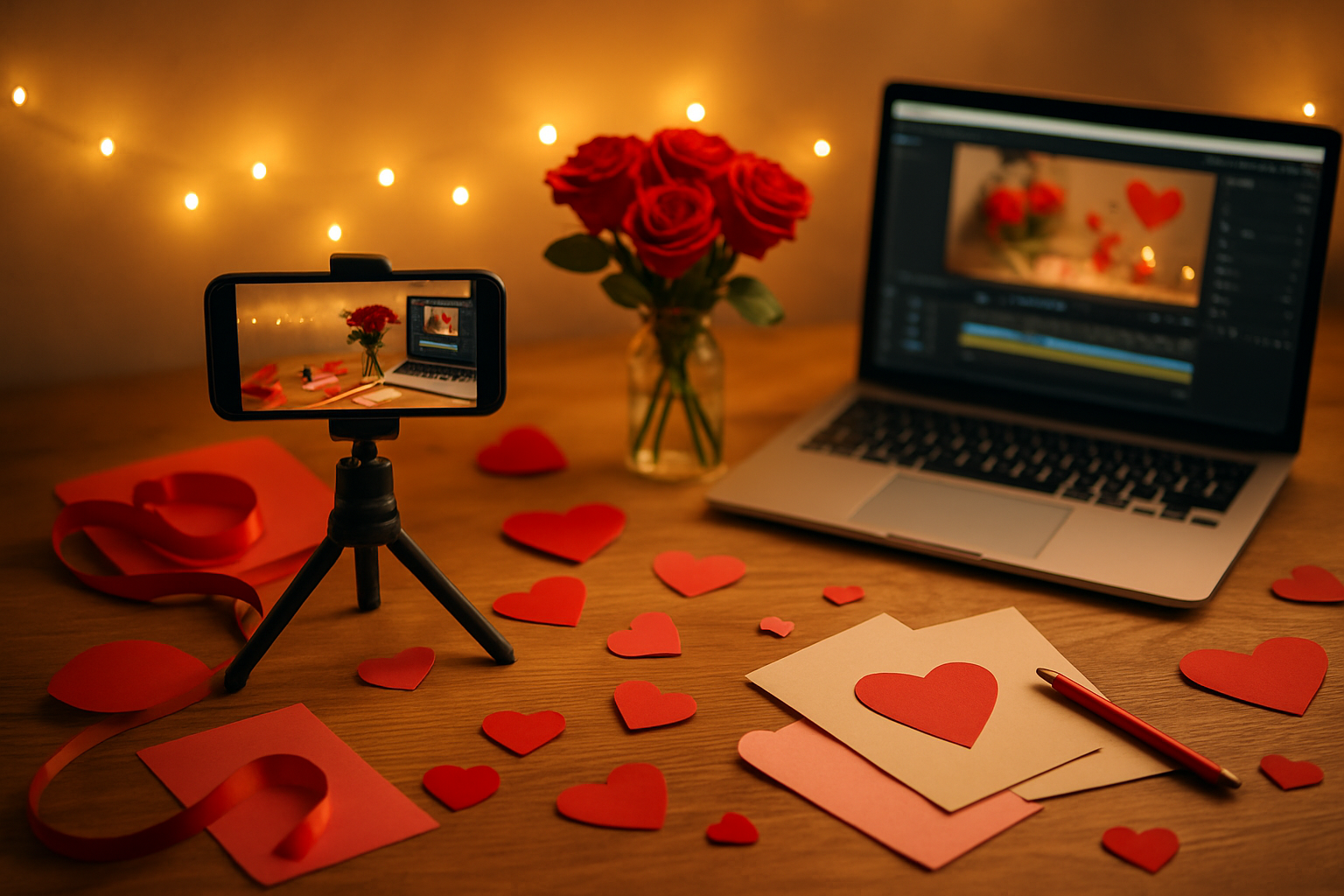 Create a realistic image of a cozy, warm scene featuring a wooden desk with Valentine's Day content creation elements including a smartphone on a tripod for filming, scattered red and pink heart-shaped decorations, DIY craft materials like ribbons and paper, a laptop showing a video editing interface, fresh red roses in a small vase, handwritten notes or cards, and soft fairy lights creating a romantic ambiance, shot from a slightly elevated angle with warm golden lighting that creates a welcoming atmosphere perfect for Valentine's YouTube content creation, absolutely NO text should be in the scene.