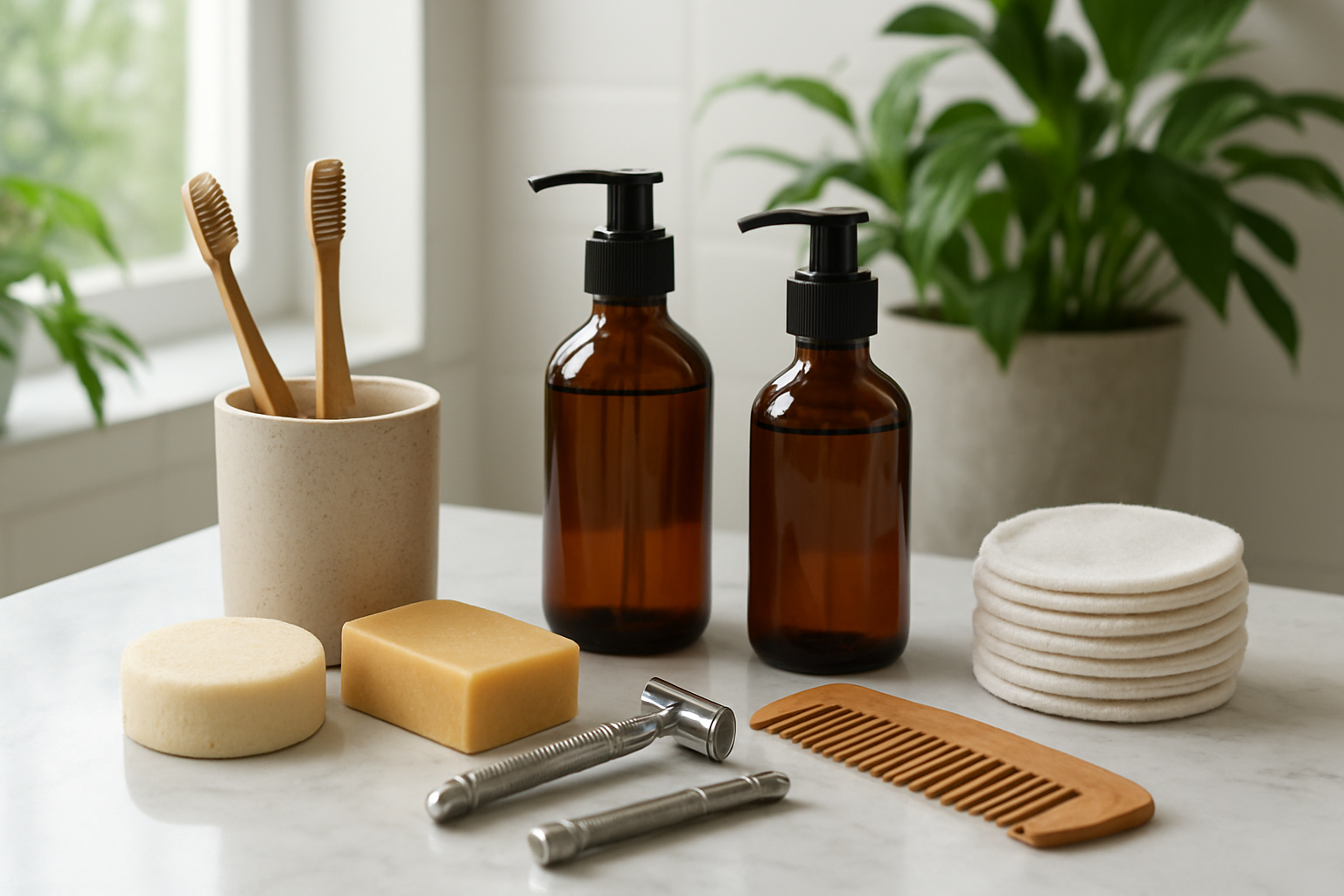 Create a realistic image of sustainable personal care products arranged on a clean white marble bathroom counter, featuring bamboo toothbrushes, solid shampoo bars, refillable glass bottles with pump dispensers, metal safety razors, wooden combs, and cotton reusable makeup pads, all displayed in an organized manner with soft natural lighting from a nearby window, showcasing an eco-friendly bathroom setup with green plants in the background, absolutely NO text should be in the scene.