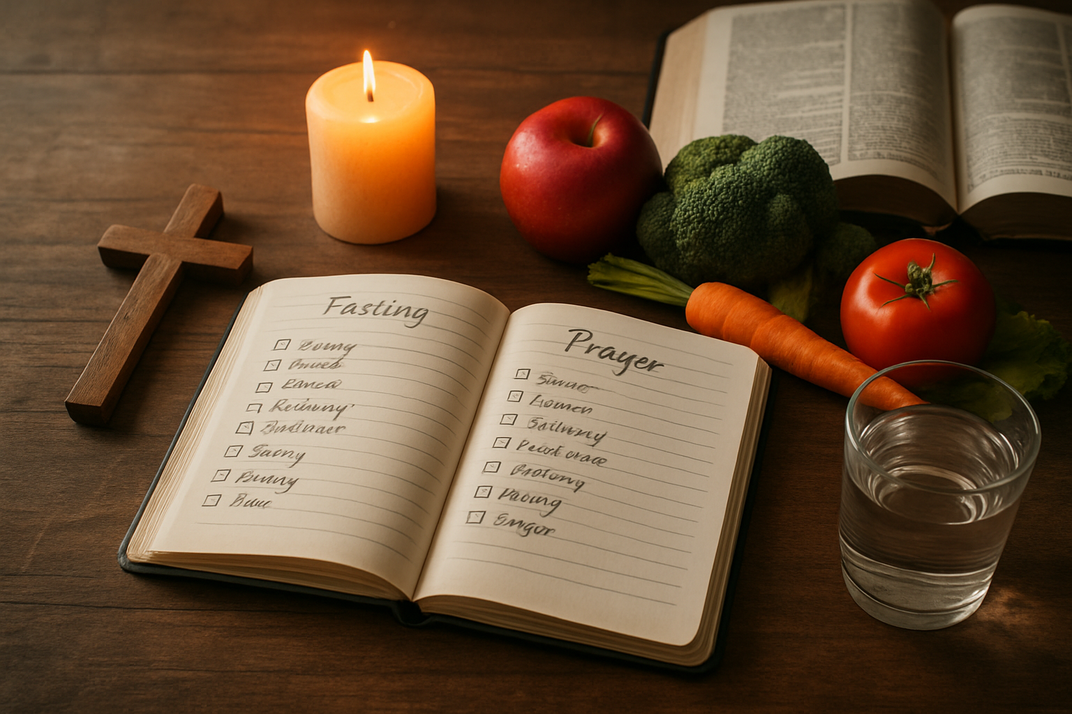 Create a realistic image of an open journal or planner with handwritten fasting schedule and prayer notes, surrounded by a wooden cross, lit candle casting warm golden light, fresh fruits and vegetables representing healthy meal planning, a glass of water, and an open Bible in the background, all arranged on a rustic wooden table surface with soft natural lighting creating a peaceful and contemplative atmosphere for spiritual planning and preparation, absolutely NO text should be in the scene.