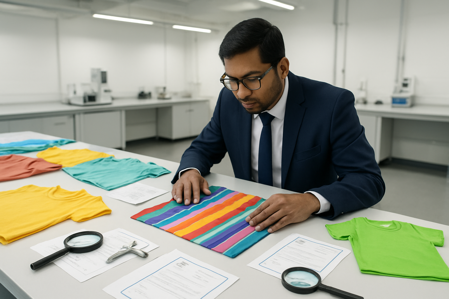 Create a realistic image of a modern quality control laboratory with Indian textile samples of colorful shirts and children