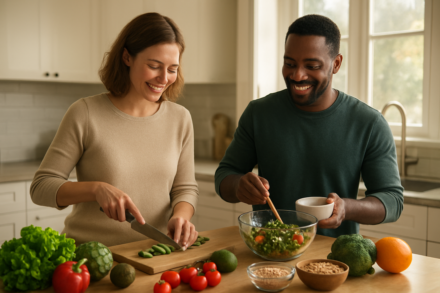 Create a realistic image of a diverse group including a white female and black male in their 30s preparing a healthy meal together in a modern kitchen, with fresh vegetables, fruits, and whole grains visible on the counter, natural sunlight streaming through windows creating a warm atmosphere, showing people engaged in sustainable healthy cooking habits, with a calm and positive mood suggesting long-term lifestyle commitment, absolutely NO text should be in the scene.