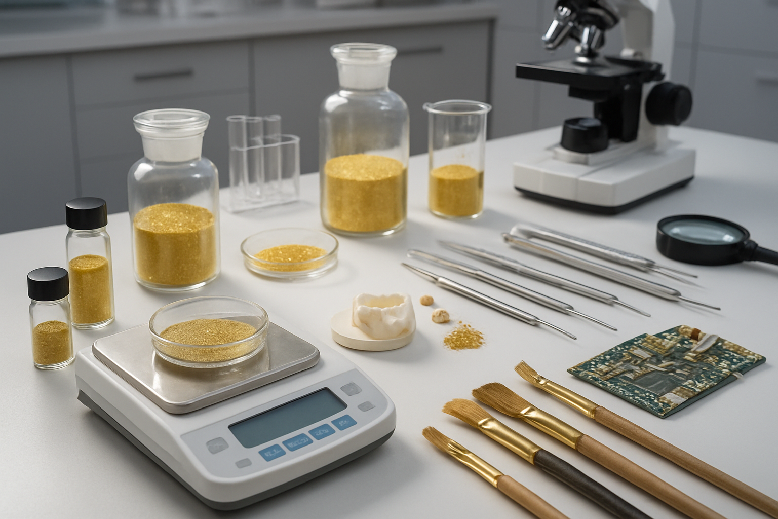 Create a realistic image of a modern laboratory or industrial workspace showing various professional applications of gold dust, featuring glass vials and containers with fine golden powder, precision scales, scientific equipment, dental tools and materials, electronic circuit boards with gold components, jewelry-making instruments, and art restoration brushes, all arranged on a clean white workbench under bright professional lighting, with a sterile and organized atmosphere suggesting high-end commercial and industrial uses, absolutely NO text should be in the scene.