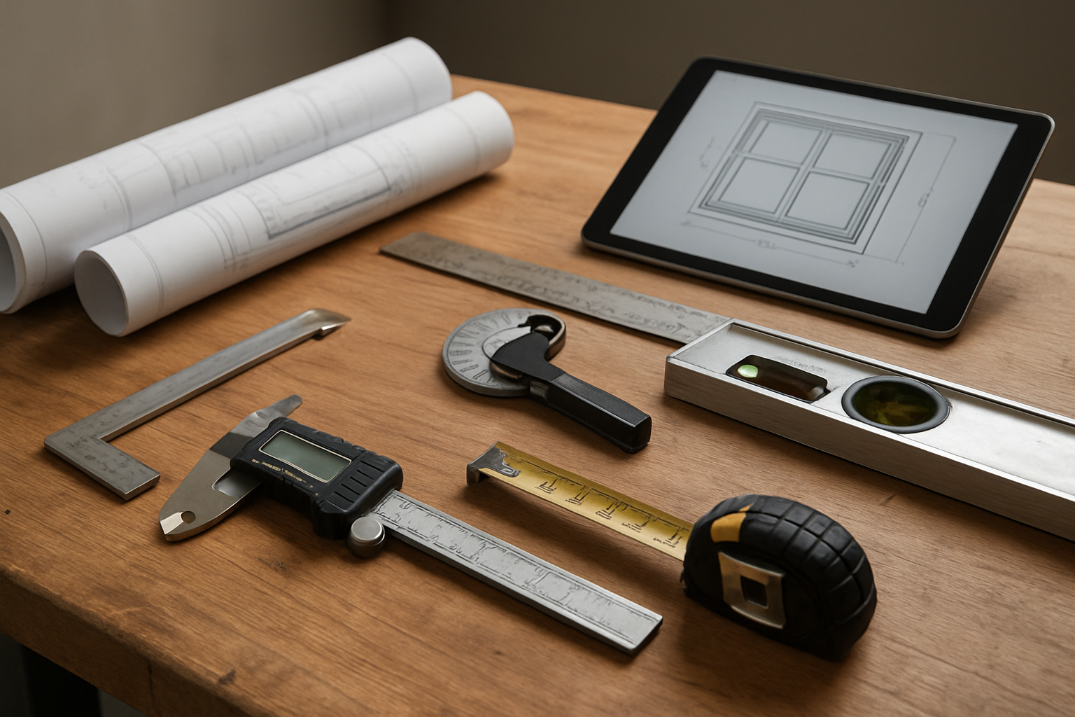 Create a realistic image of a professional workbench displaying various window measuring tools including a digital caliper, steel measuring tape, level, square ruler, and angle finder, with rolled architectural blueprints and a modern tablet showing window measurements in the background, clean workshop lighting with neutral colors emphasizing precision and craftsmanship, absolutely NO text should be in the scene.