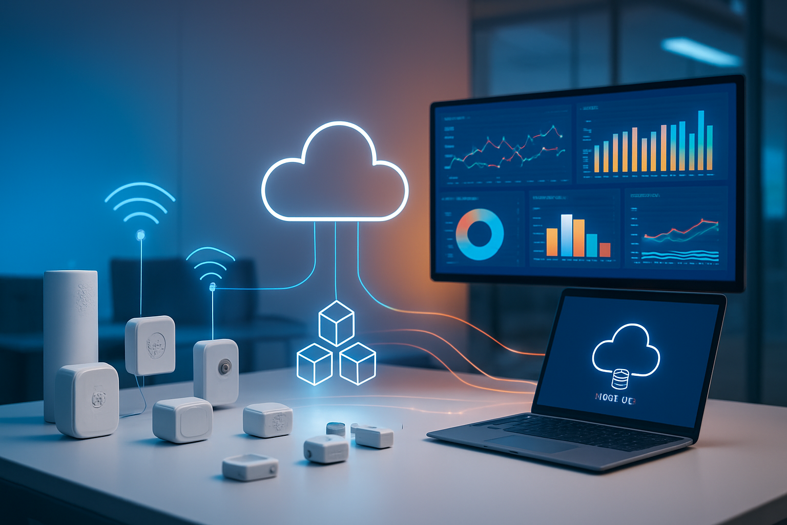 Create a realistic image of a modern tech workspace showing the complete AWS IoT ecosystem with IoT sensors and devices on the left side connected through wireless signals to a large wall-mounted monitor displaying colorful real-time analytics dashboards with charts and graphs, AWS cloud infrastructure icons floating in the middle representing data flow, a sleek laptop showing AWS IoT Core interface, multiple small IoT devices like temperature sensors and smart meters arranged on a clean white desk, soft blue and orange LED lighting creating a high-tech atmosphere, professional office environment with glass walls in the background, emphasis on connectivity lines and data streams flowing from devices to cloud to analytics, modern minimalist design with a focus on the end-to-end data journey from hardware to insights, absolutely NO text should be in the scene.